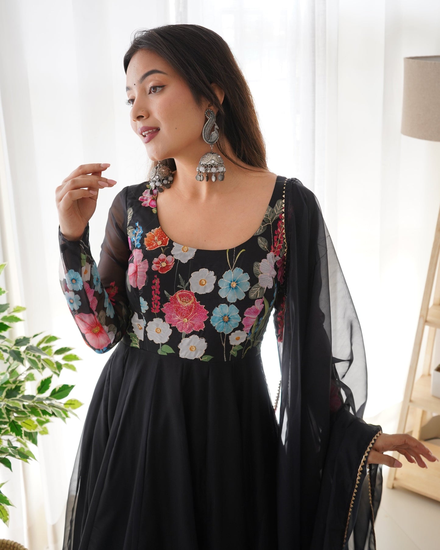 Breathtaking Organza Silk Floral Printed Designer Anarkali Pant Suit - INDIAN ELEGANCE