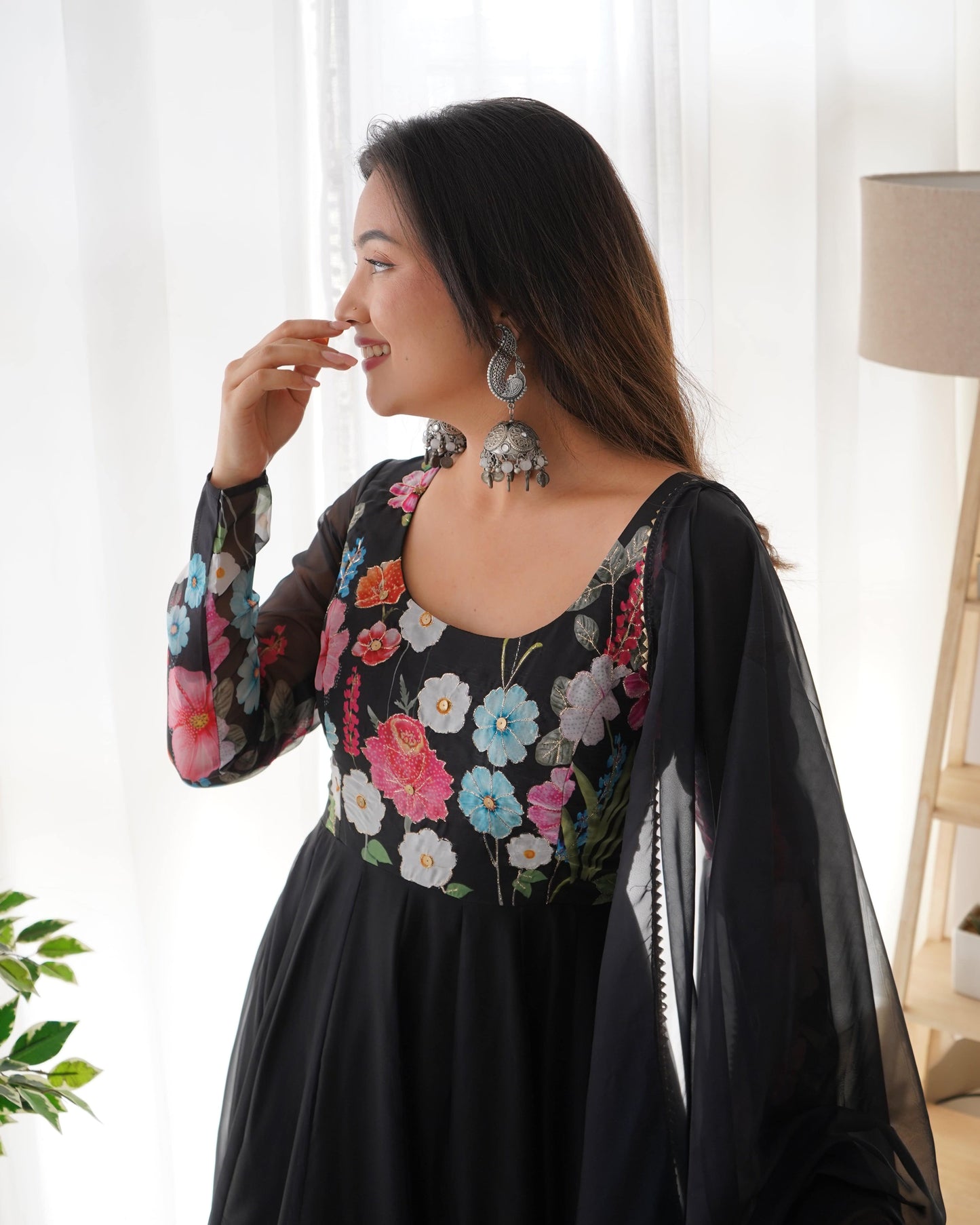 Breathtaking Organza Silk Floral Printed Designer Anarkali Pant Suit - INDIAN ELEGANCE