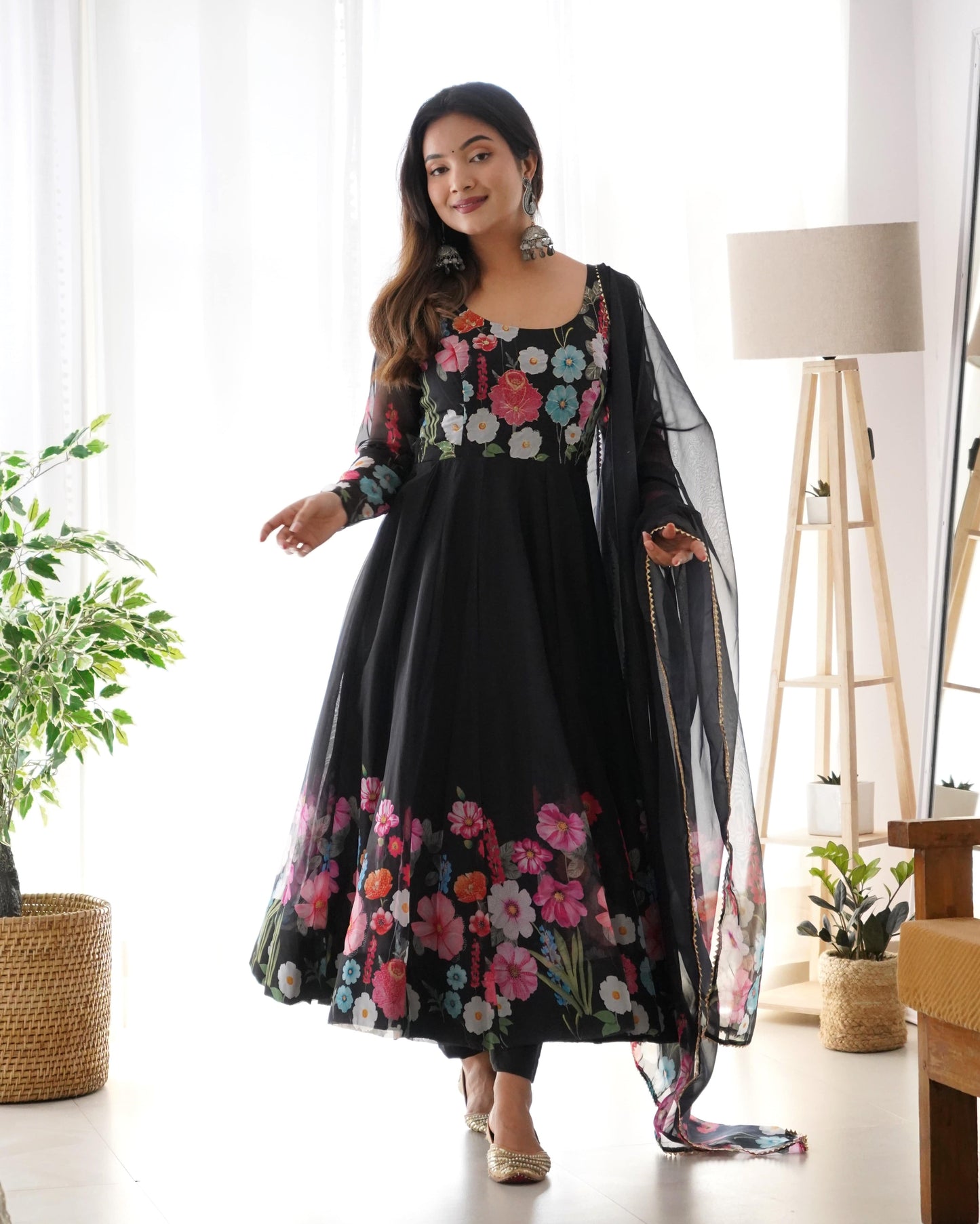 Breathtaking Organza Silk Floral Printed Designer Anarkali Pant Suit - INDIAN ELEGANCE