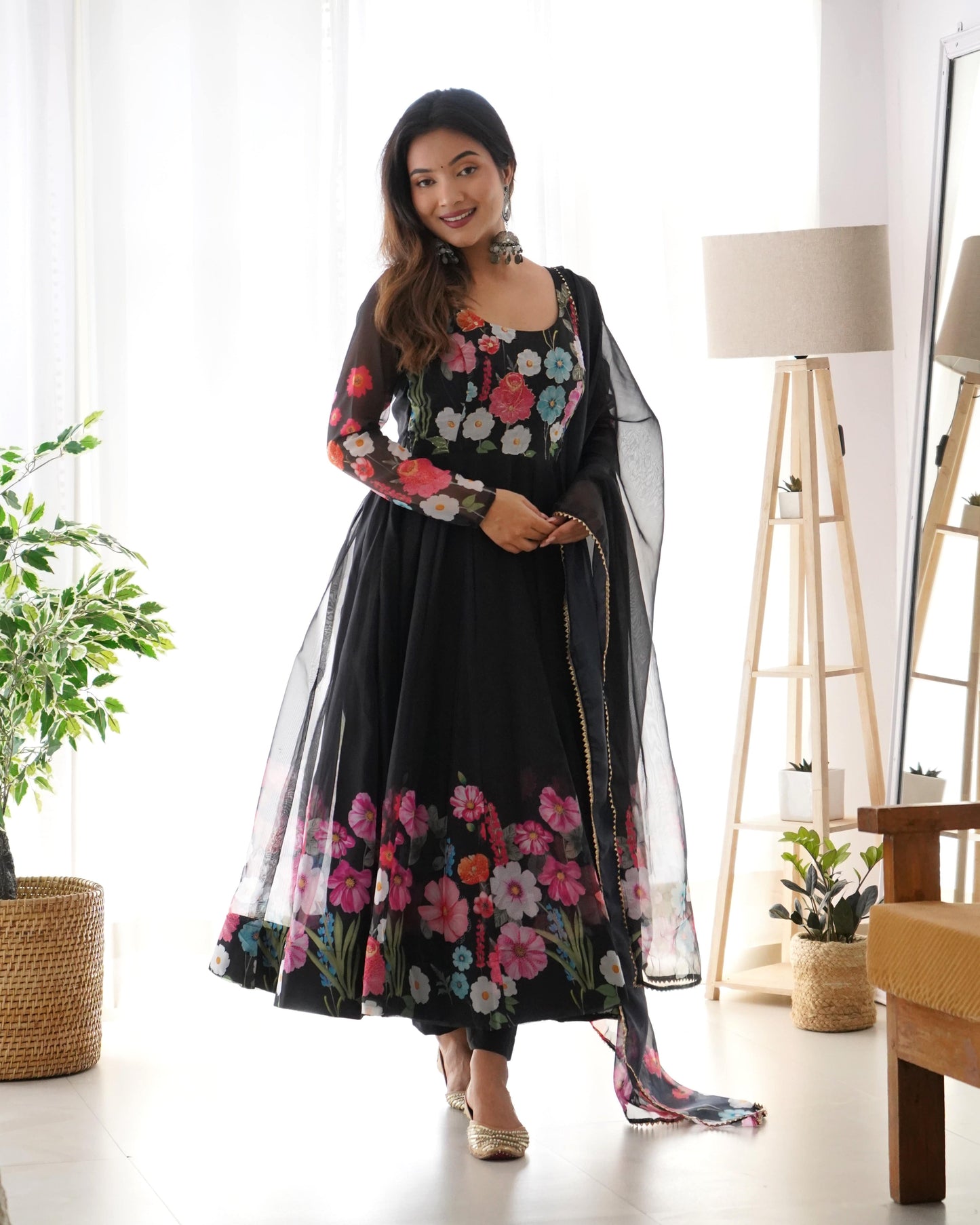 Breathtaking Organza Silk Floral Printed Designer Anarkali Pant Suit - INDIAN ELEGANCE