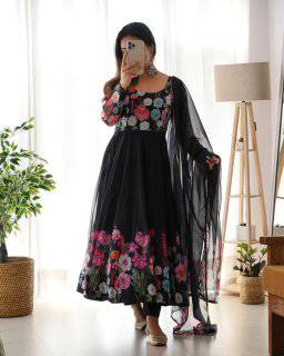 Breathtaking Organza Silk Floral Printed Designer Anarkali Pant Suit - INDIAN ELEGANCE