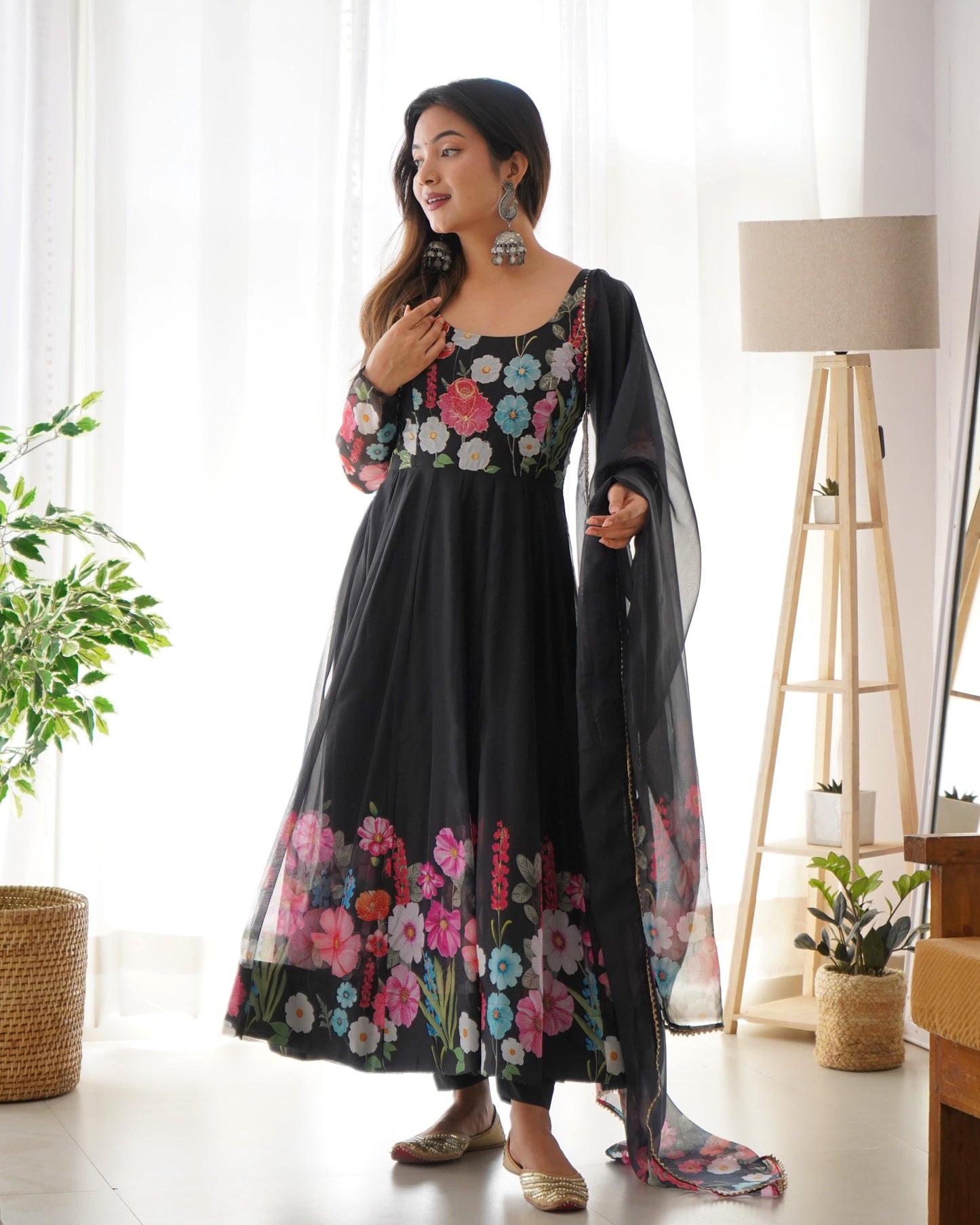 Breathtaking Organza Silk Floral Printed Designer Anarkali Pant Suit - INDIAN ELEGANCE