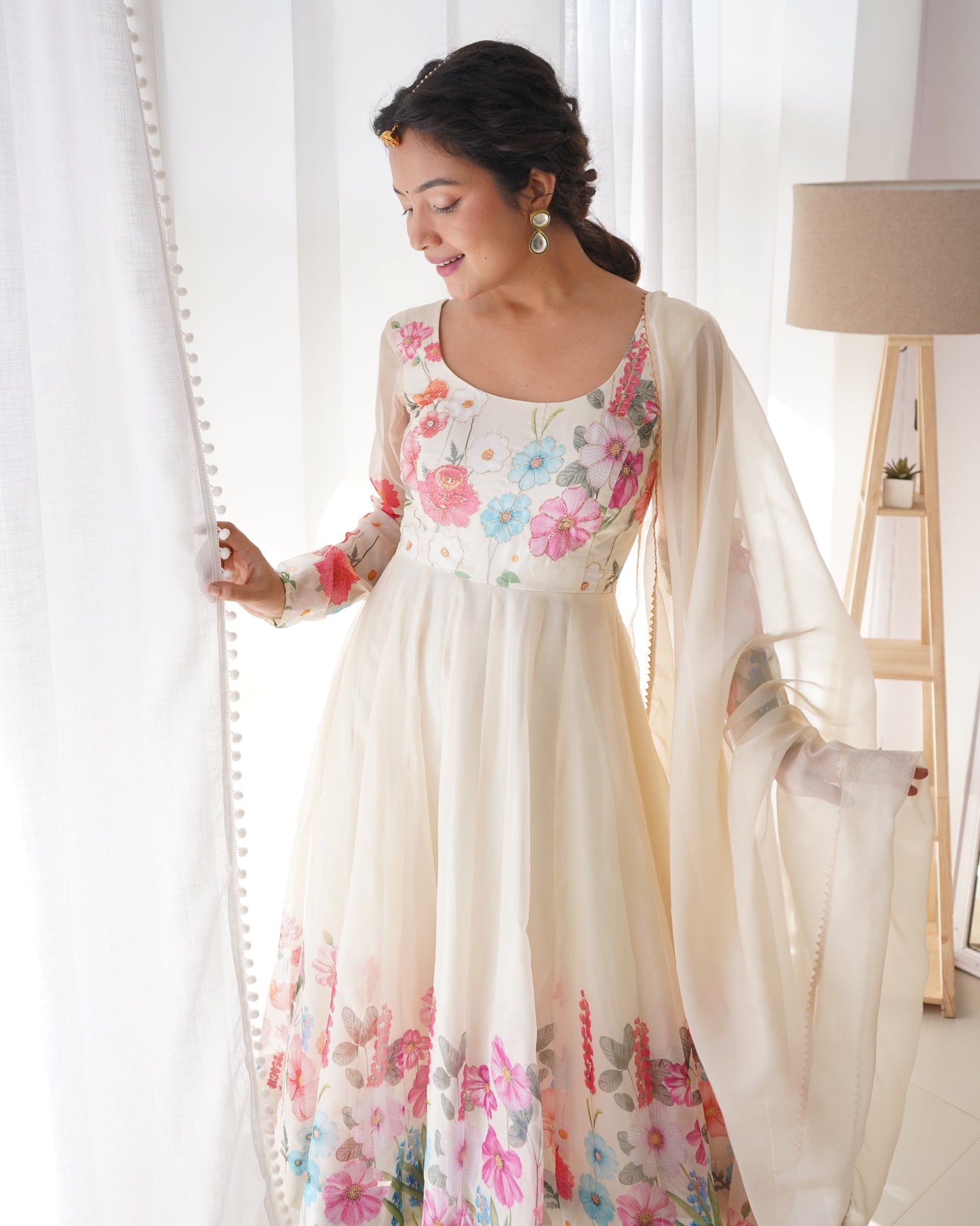 Breathtaking Organza Silk Floral Printed Designer Anarkali Pant Suit - INDIAN ELEGANCE