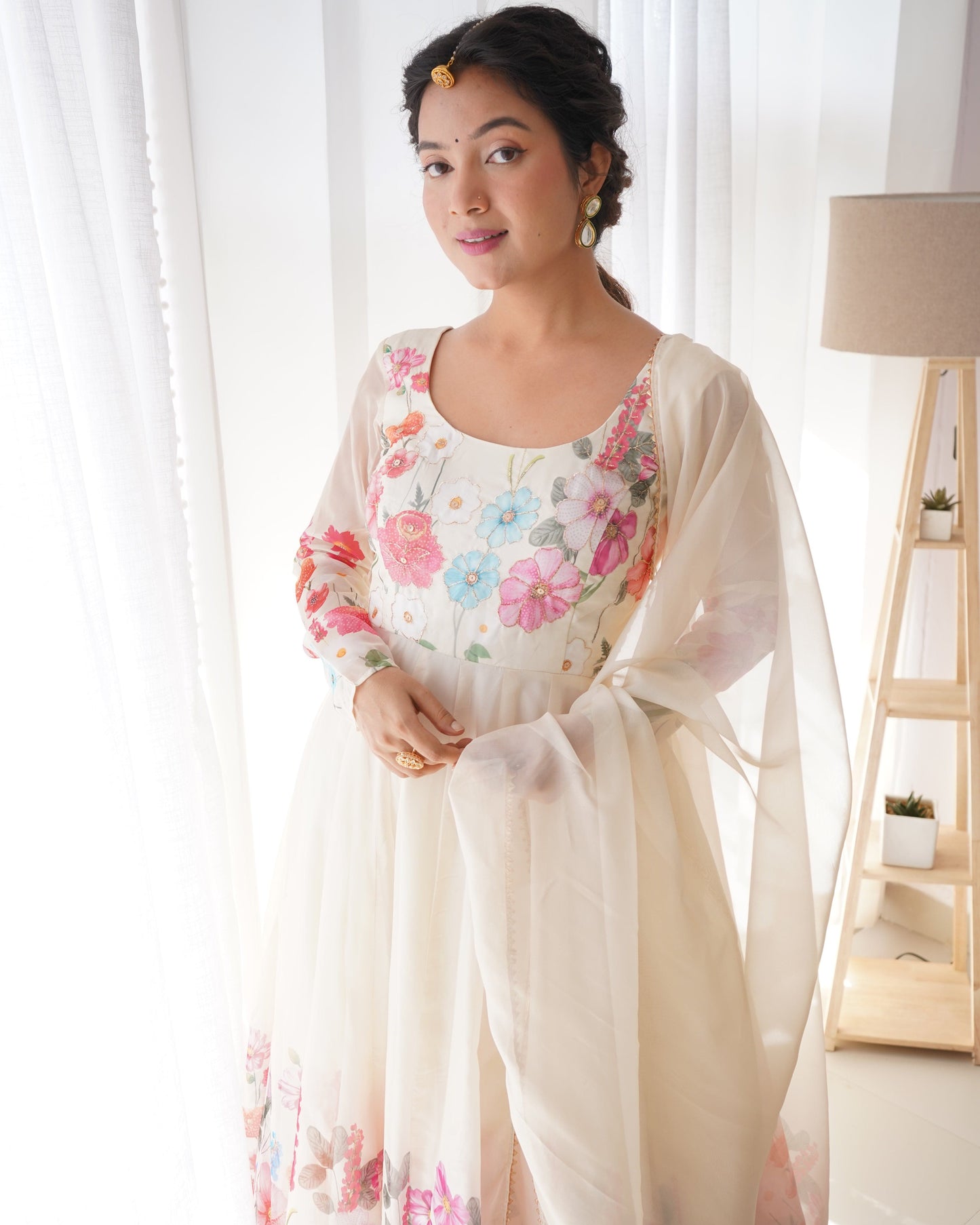 Breathtaking Organza Silk Floral Printed Designer Anarkali Pant Suit - INDIAN ELEGANCE