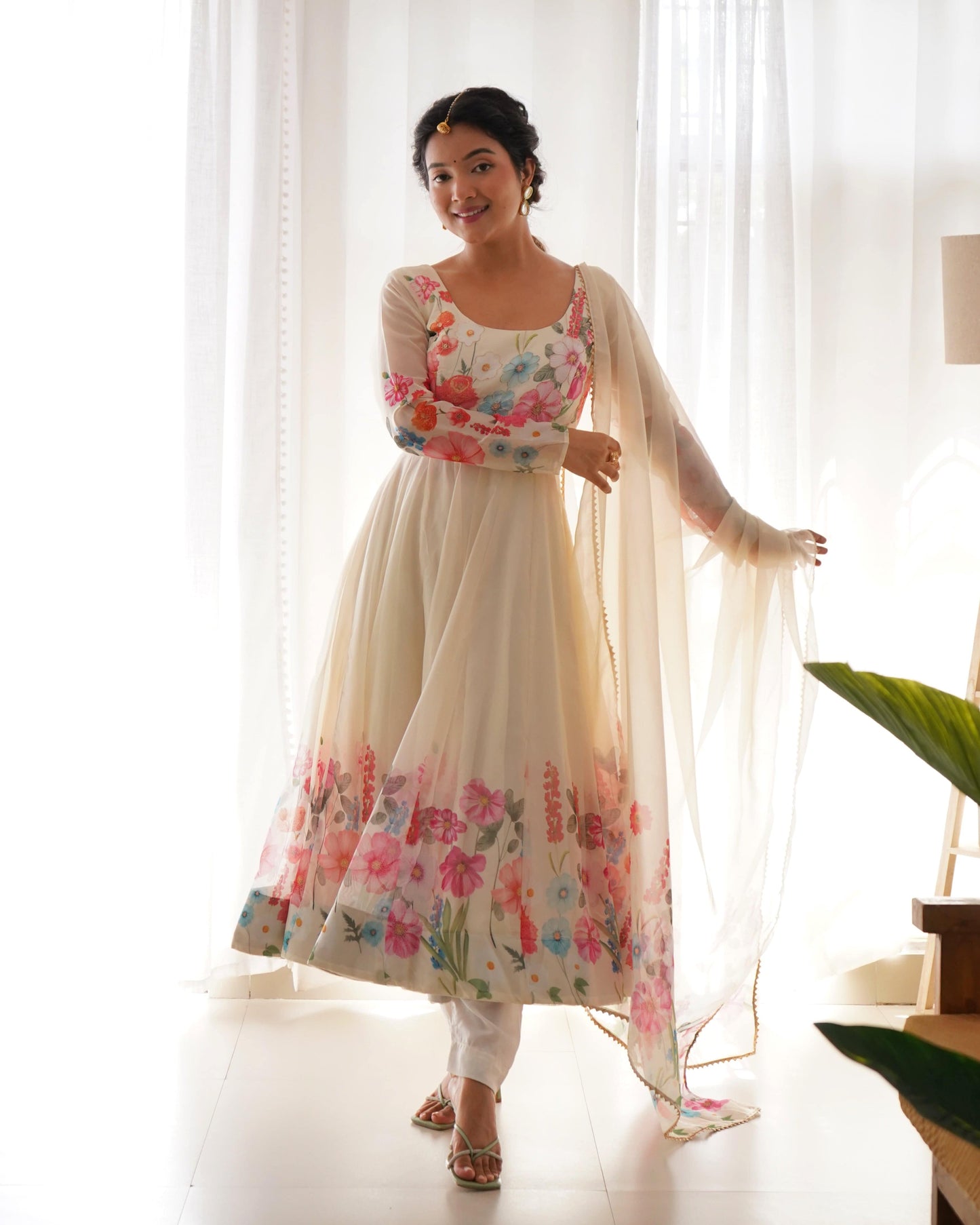 Breathtaking Organza Silk Floral Printed Designer Anarkali Pant Suit - INDIAN ELEGANCE