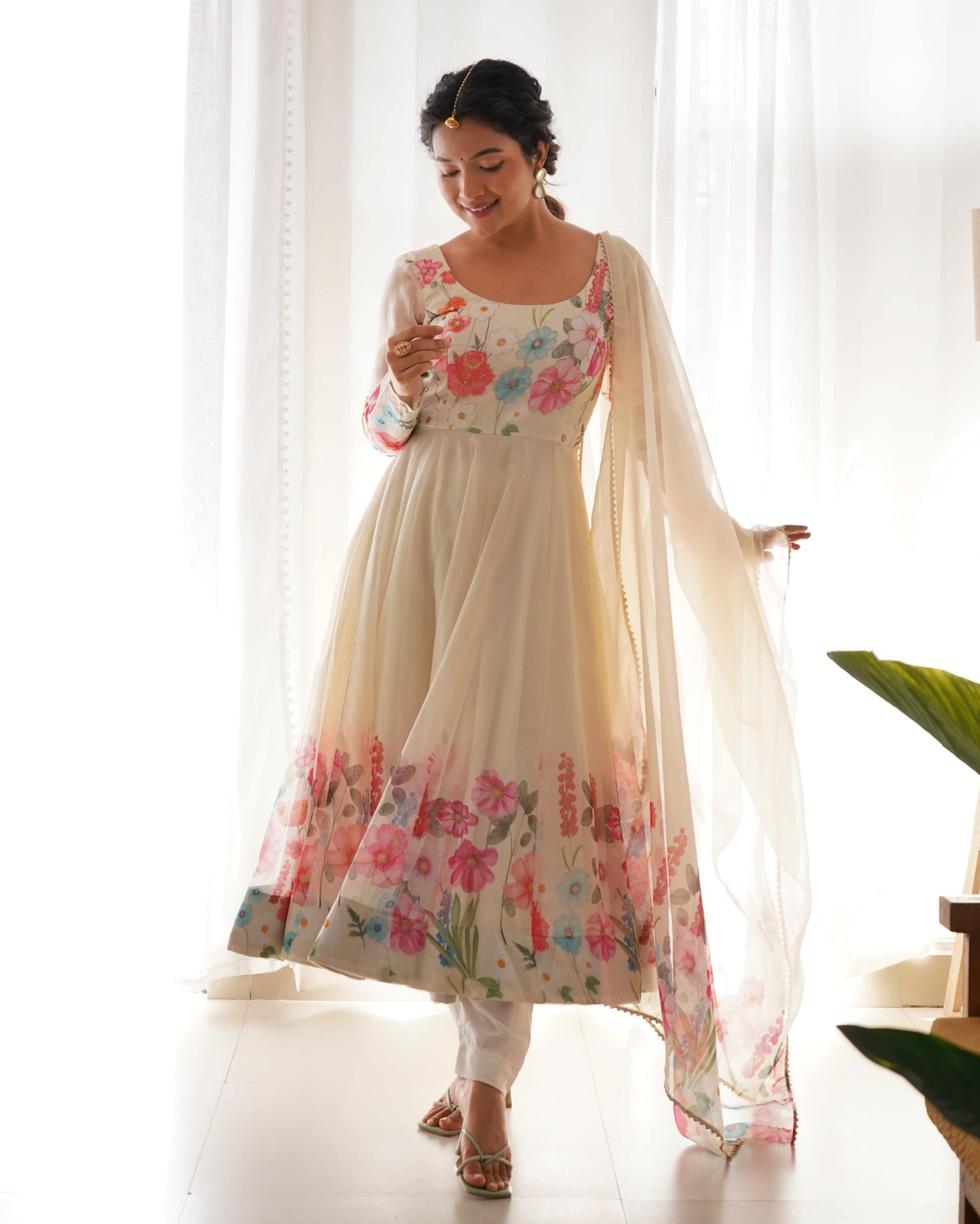 Breathtaking Organza Silk Floral Printed Designer Anarkali Pant Suit - INDIAN ELEGANCE