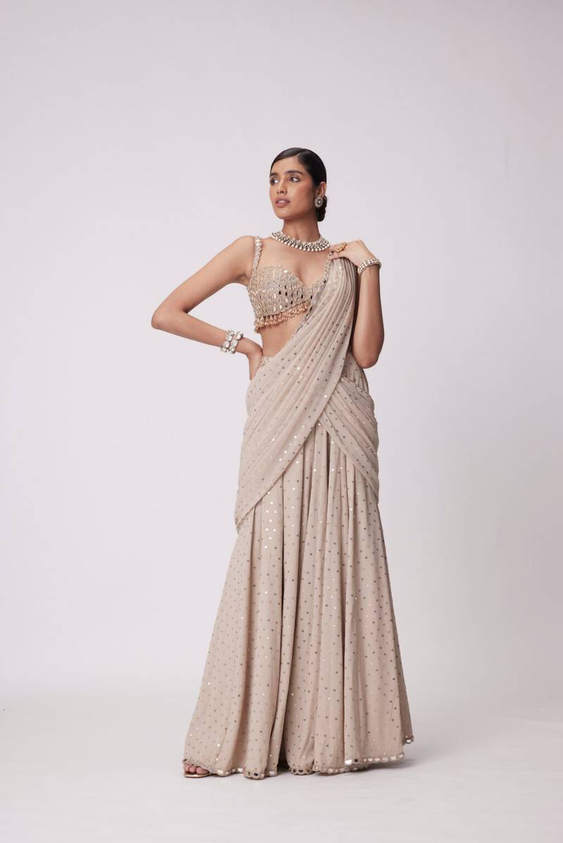 Women’s Party Wear Ready-Stitched Saree with Real Mirror Work