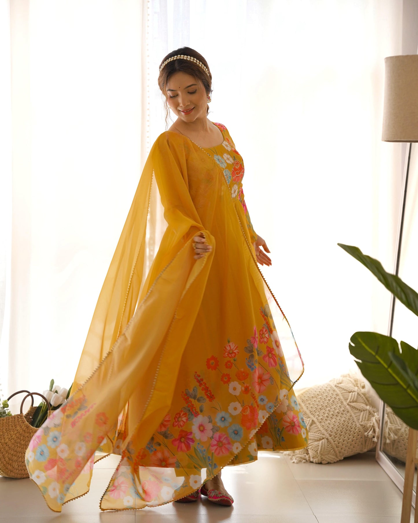 Breathtaking Organza Silk Floral Printed Designer Anarkali Pant Suit - INDIAN ELEGANCE
