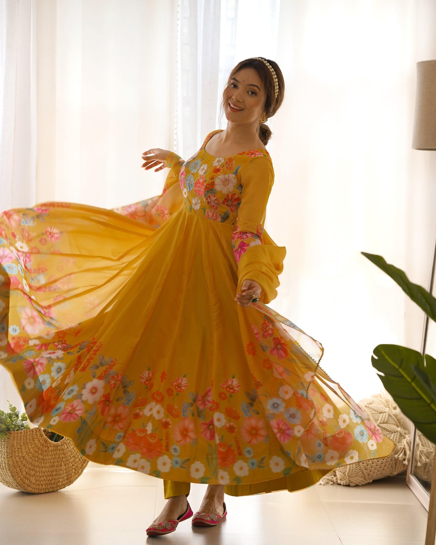 Breathtaking Organza Silk Floral Printed Designer Anarkali Pant Suit - INDIAN ELEGANCE
