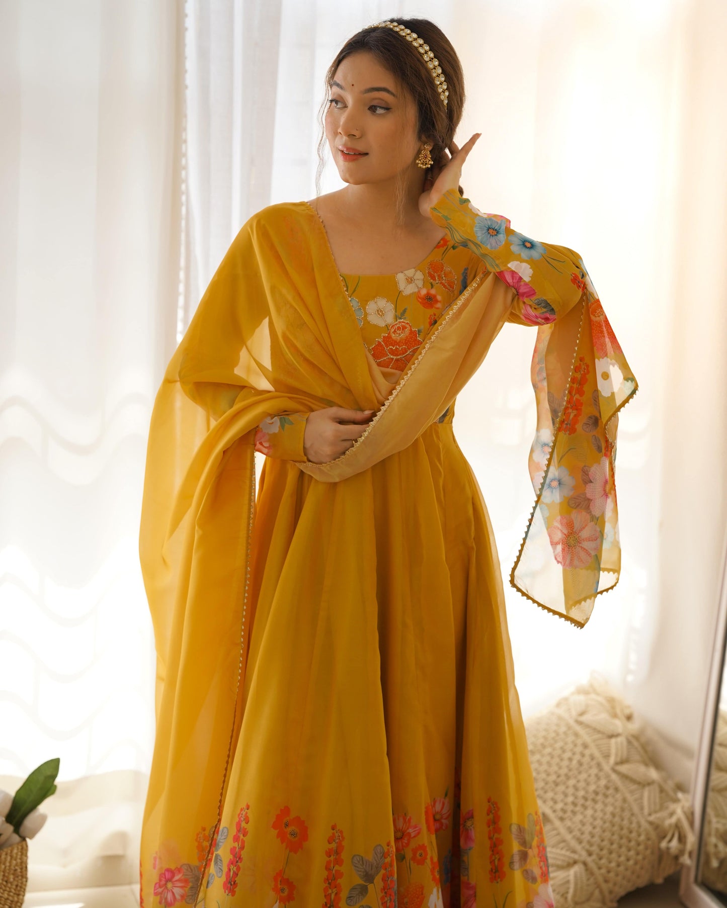 Breathtaking Organza Silk Floral Printed Designer Anarkali Pant Suit - INDIAN ELEGANCE