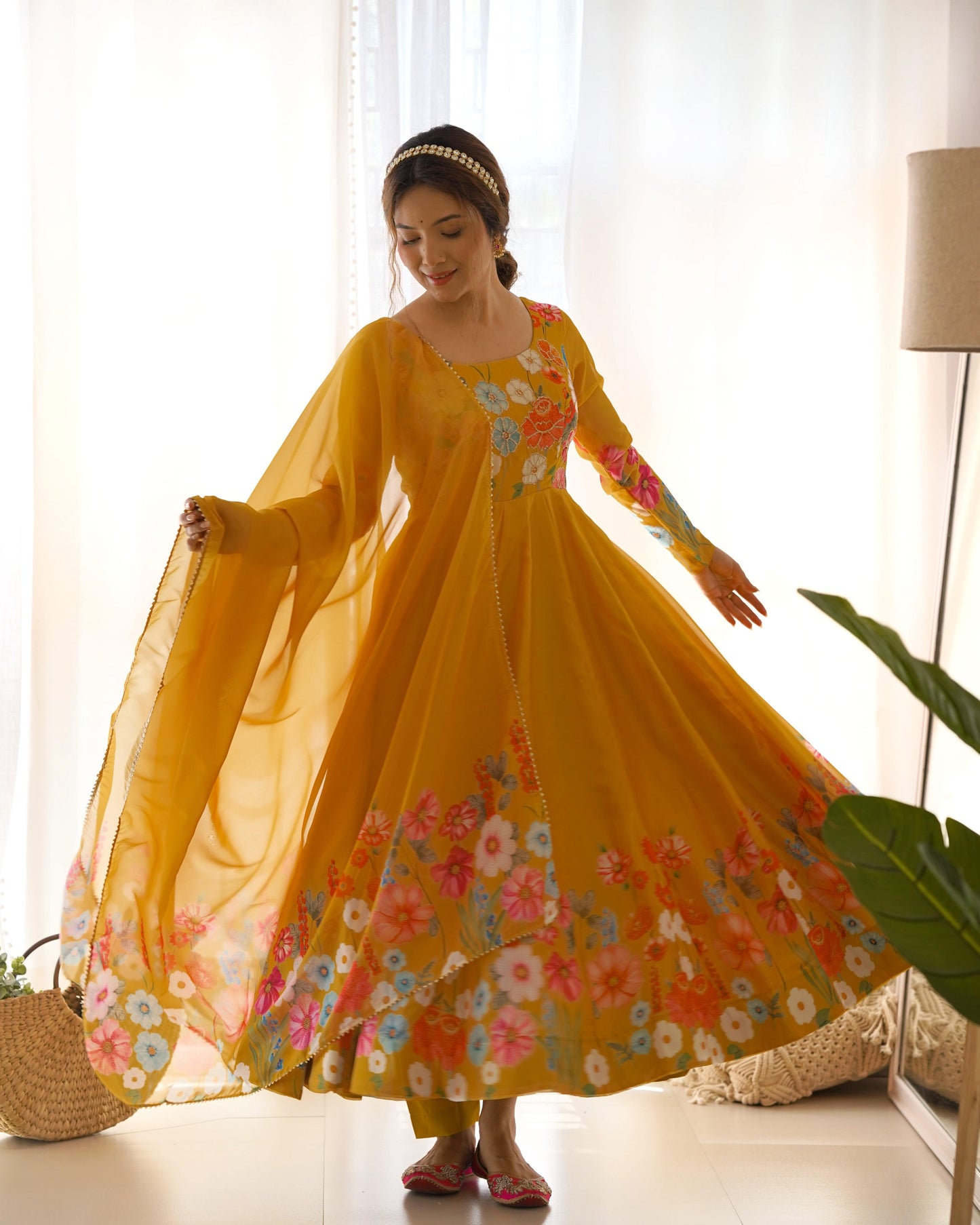 Breathtaking Organza Silk Floral Printed Designer Anarkali Pant Suit - INDIAN ELEGANCE