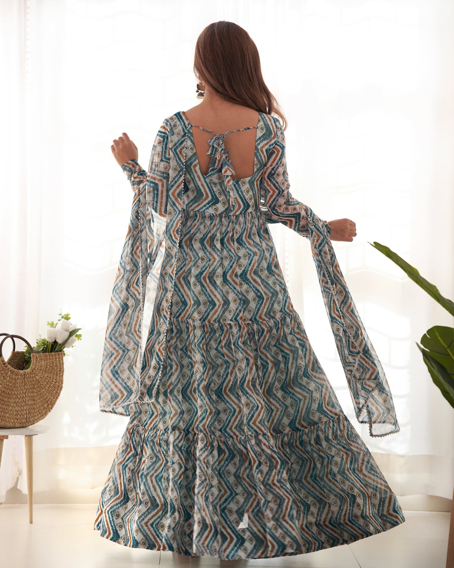 Resplendent Faux Georgette Zigzag Printed Anarkali Pant Suit - INDIAN ELEGANCE