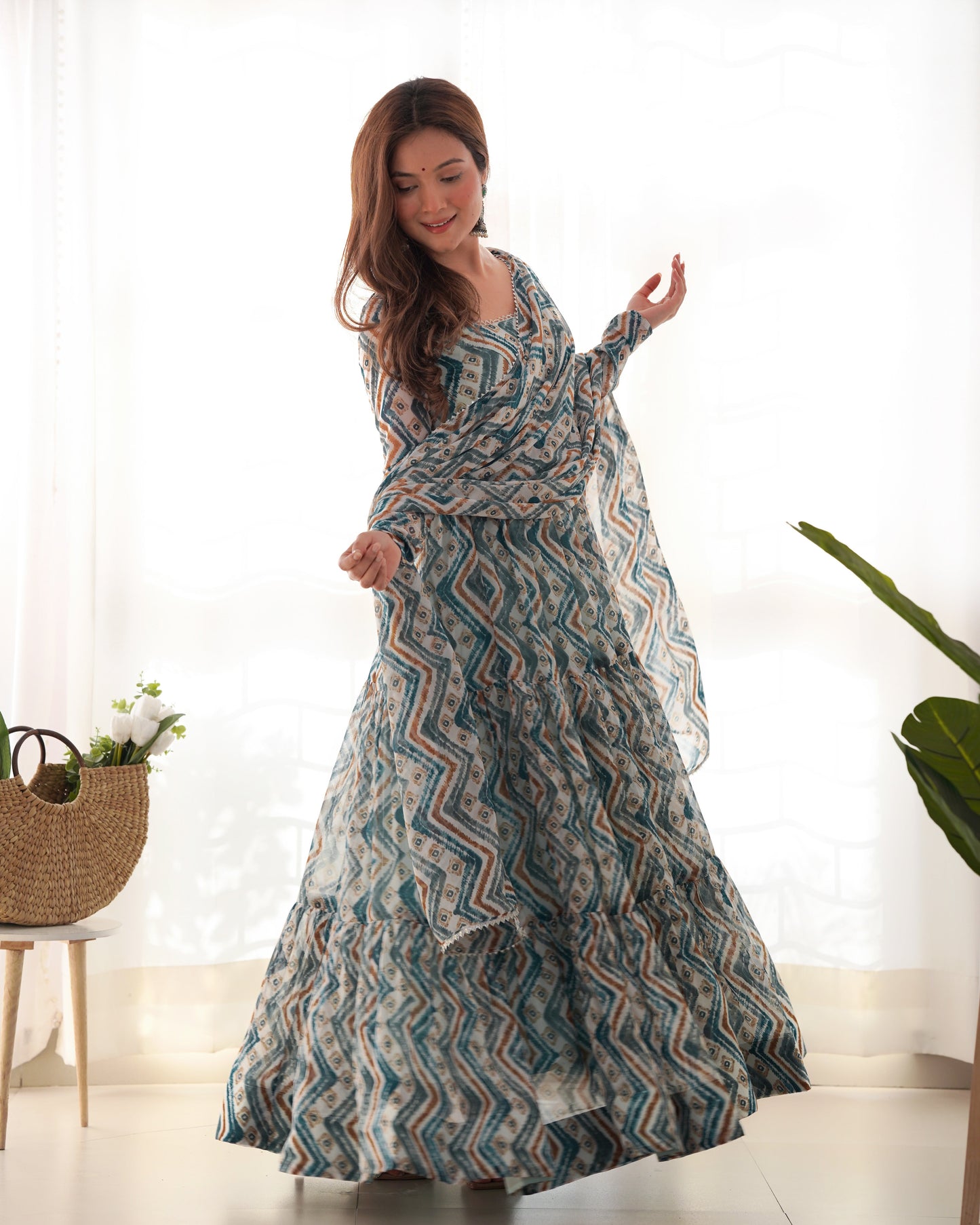 Resplendent Faux Georgette Zigzag Printed Anarkali Pant Suit - INDIAN ELEGANCE