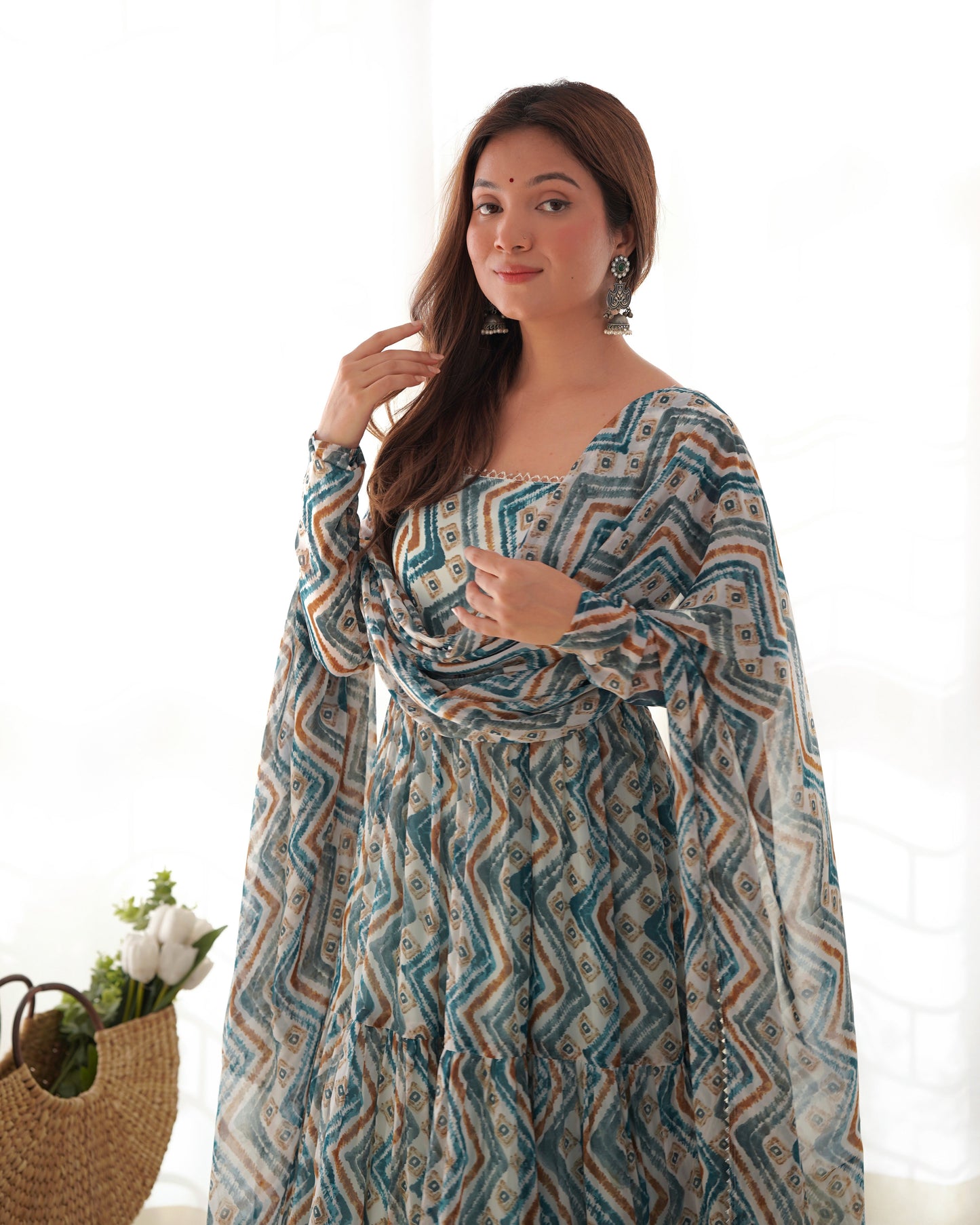 Resplendent Faux Georgette Zigzag Printed Anarkali Pant Suit - INDIAN ELEGANCE