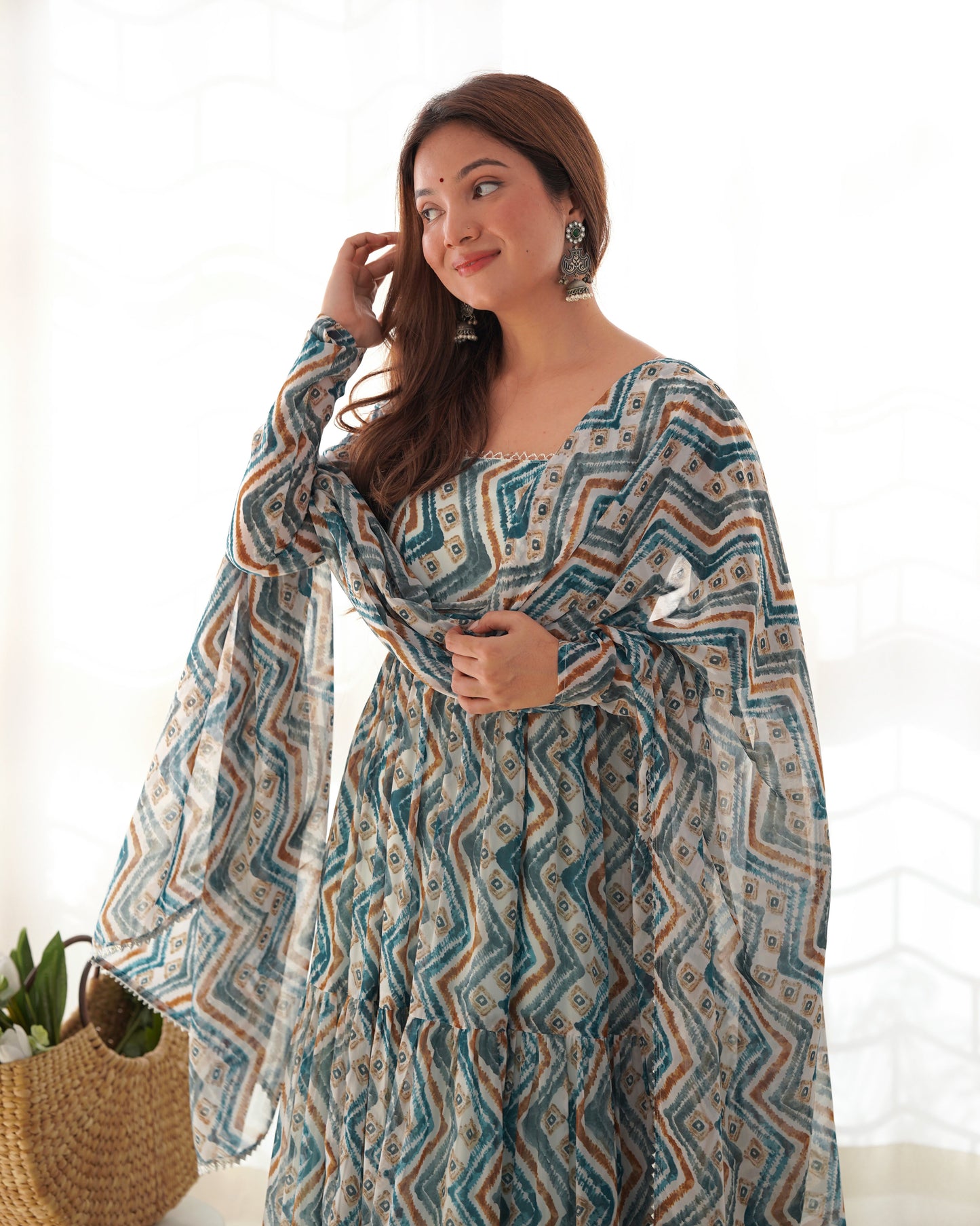 Resplendent Faux Georgette Zigzag Printed Anarkali Pant Suit - INDIAN ELEGANCE