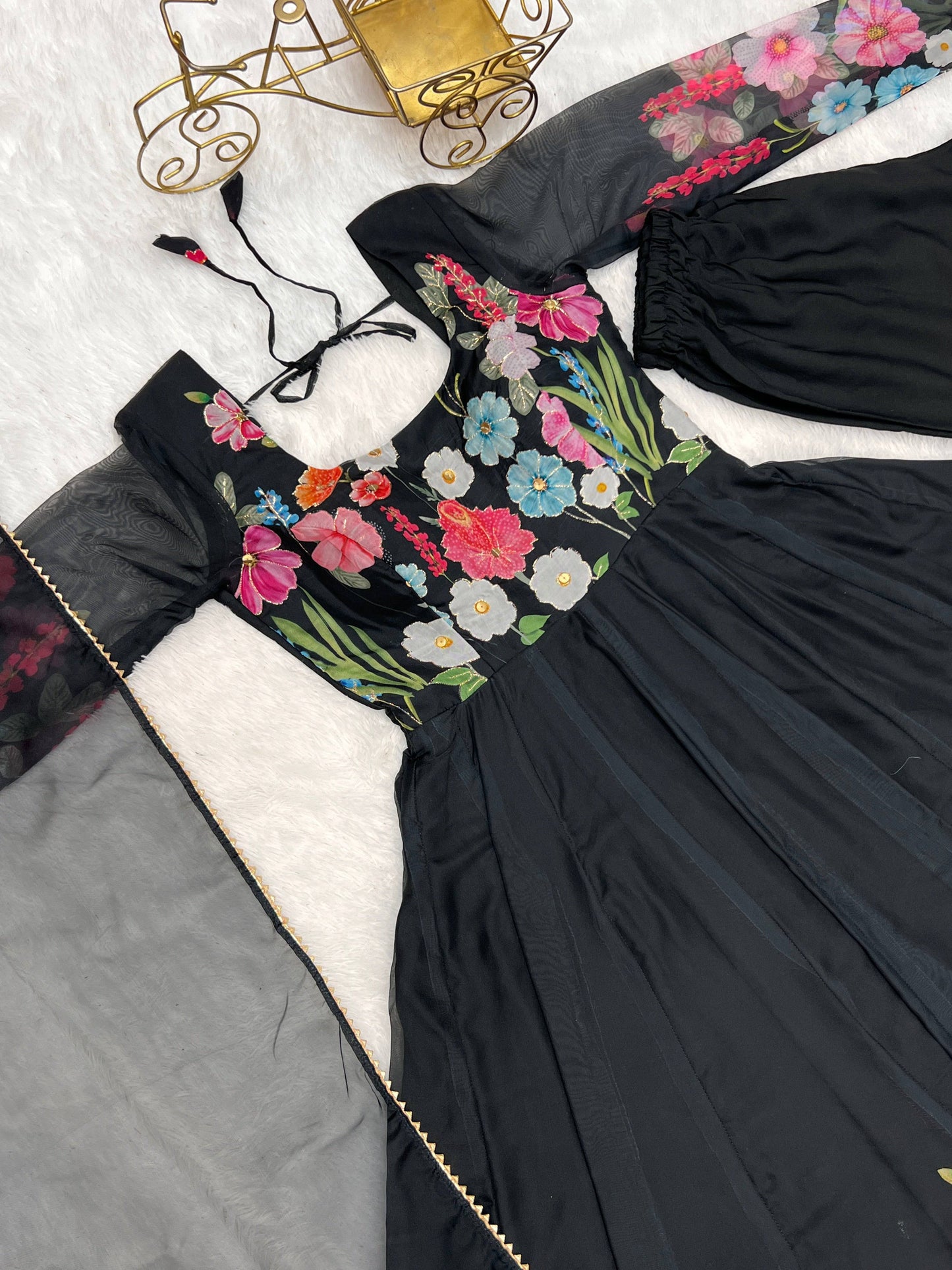 Breathtaking Organza Silk Floral Printed Designer Anarkali Pant Suit - INDIAN ELEGANCE