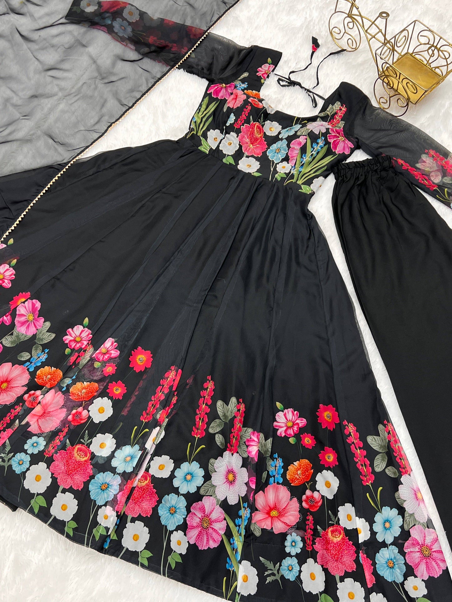 Breathtaking Organza Silk Floral Printed Designer Anarkali Pant Suit - INDIAN ELEGANCE
