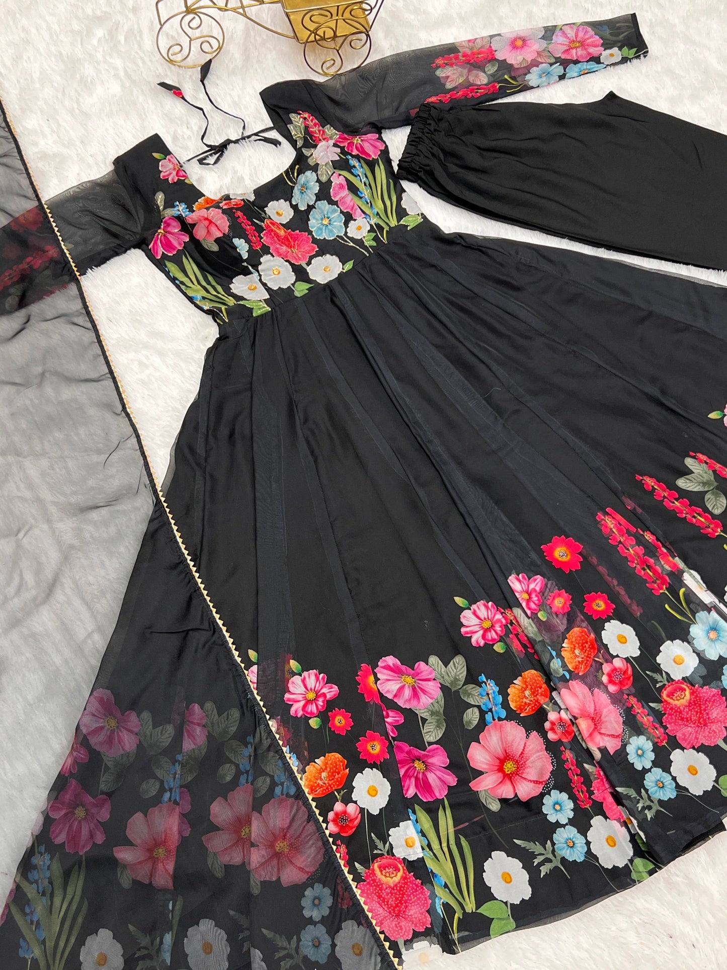 Breathtaking Organza Silk Floral Printed Designer Anarkali Pant Suit - INDIAN ELEGANCE