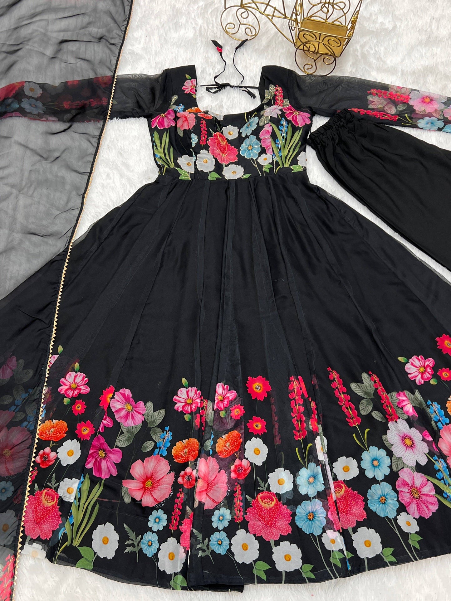 Breathtaking Organza Silk Floral Printed Designer Anarkali Pant Suit - INDIAN ELEGANCE