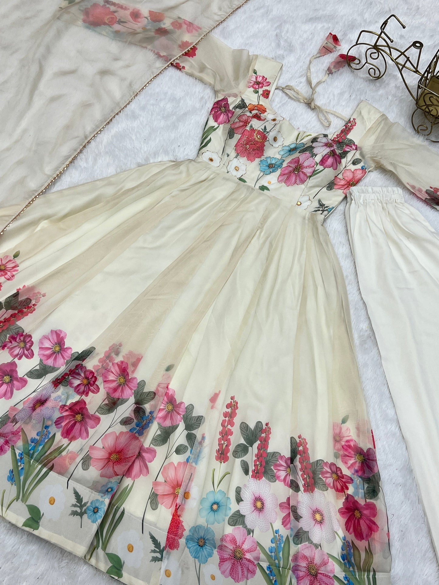Breathtaking Organza Silk Floral Printed Designer Anarkali Pant Suit - INDIAN ELEGANCE