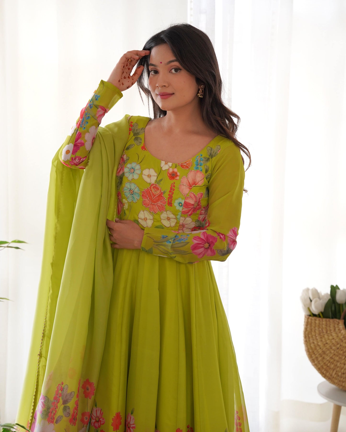 Breathtaking Organza Silk Floral Printed Designer Anarkali Pant Suit - INDIAN ELEGANCE