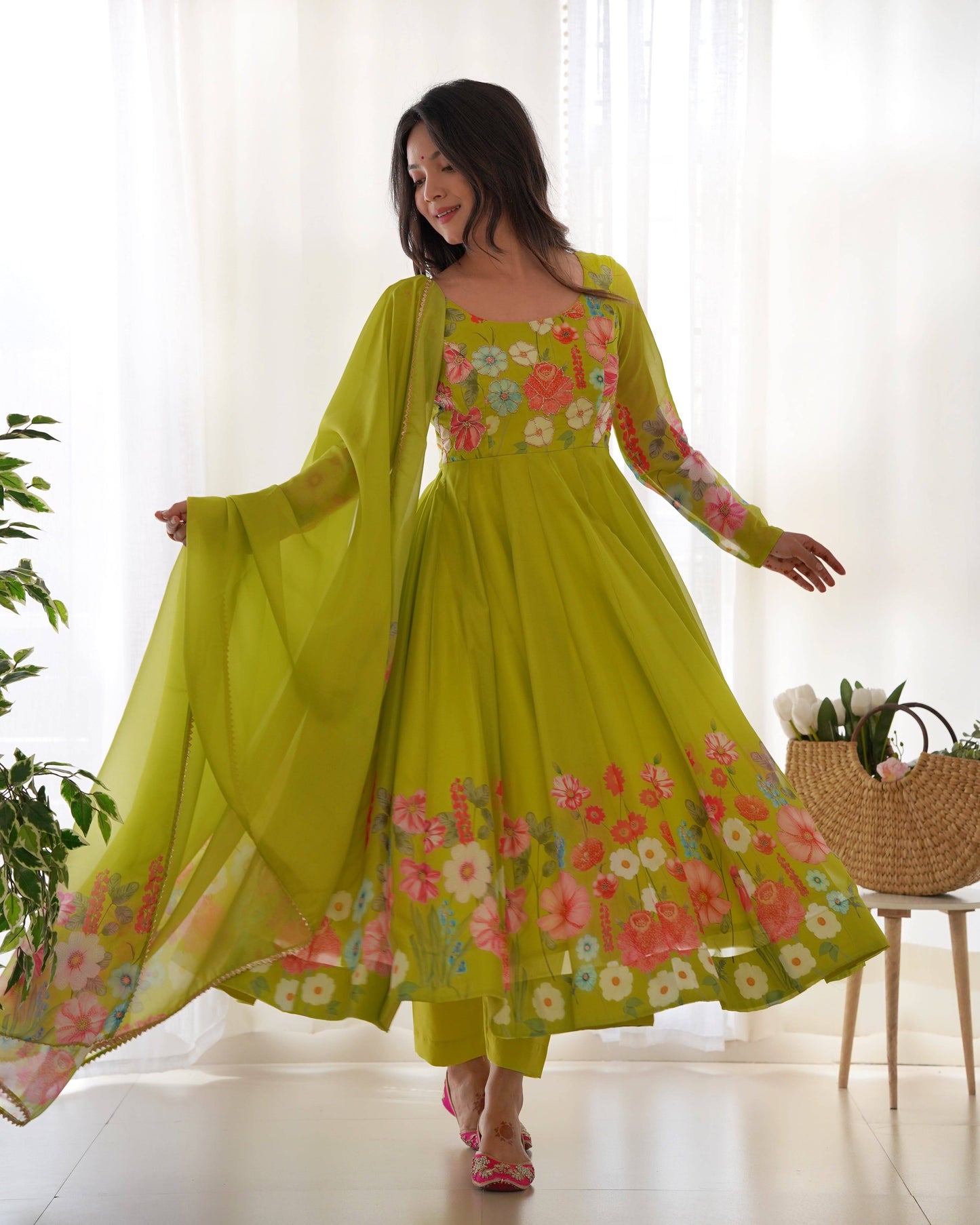 Breathtaking Organza Silk Floral Printed Designer Anarkali Pant Suit - INDIAN ELEGANCE