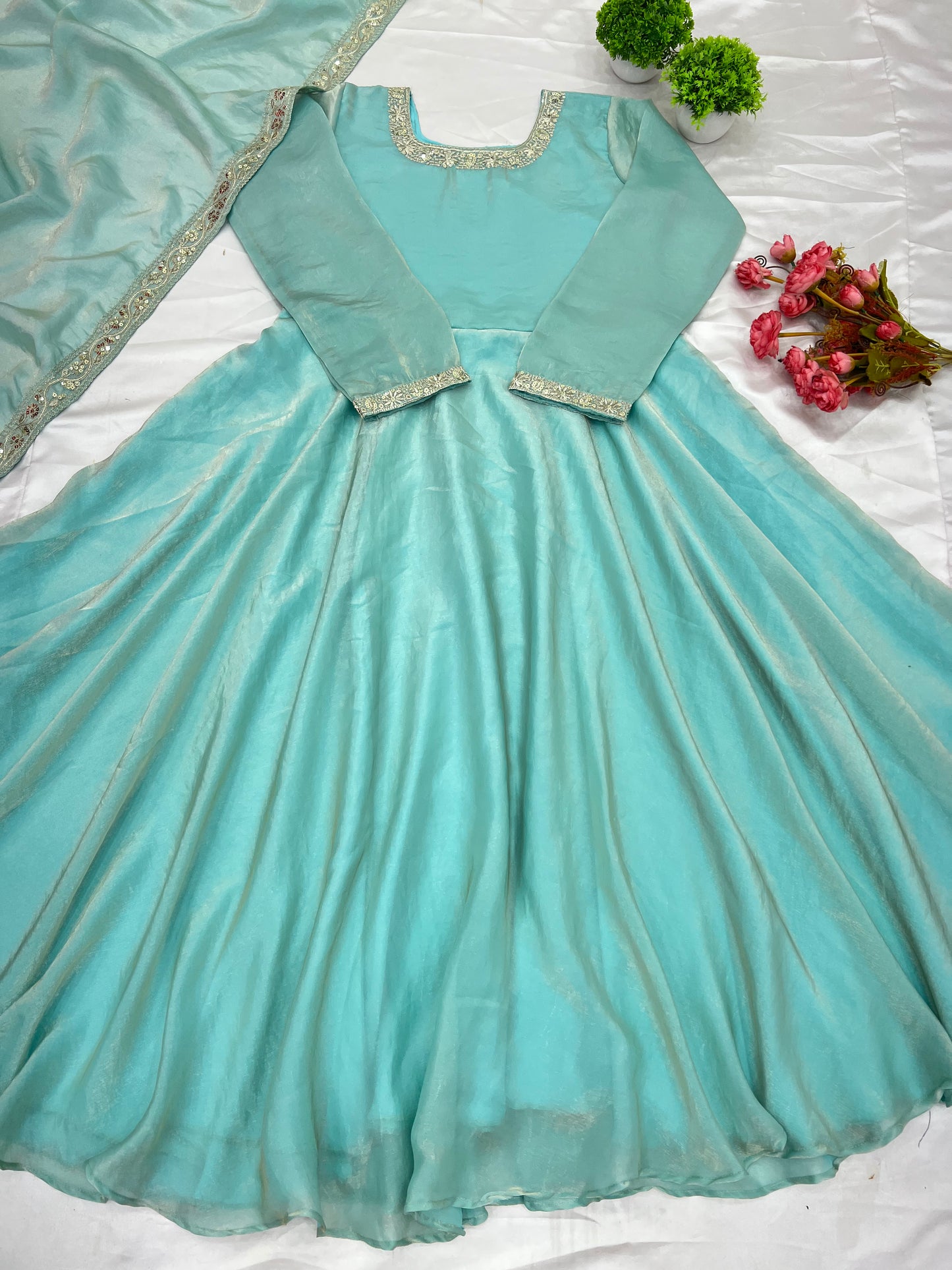 Gorgeous Fendi Silk Sequins Embroidered Fully Stitched Anarkali With Dupatta