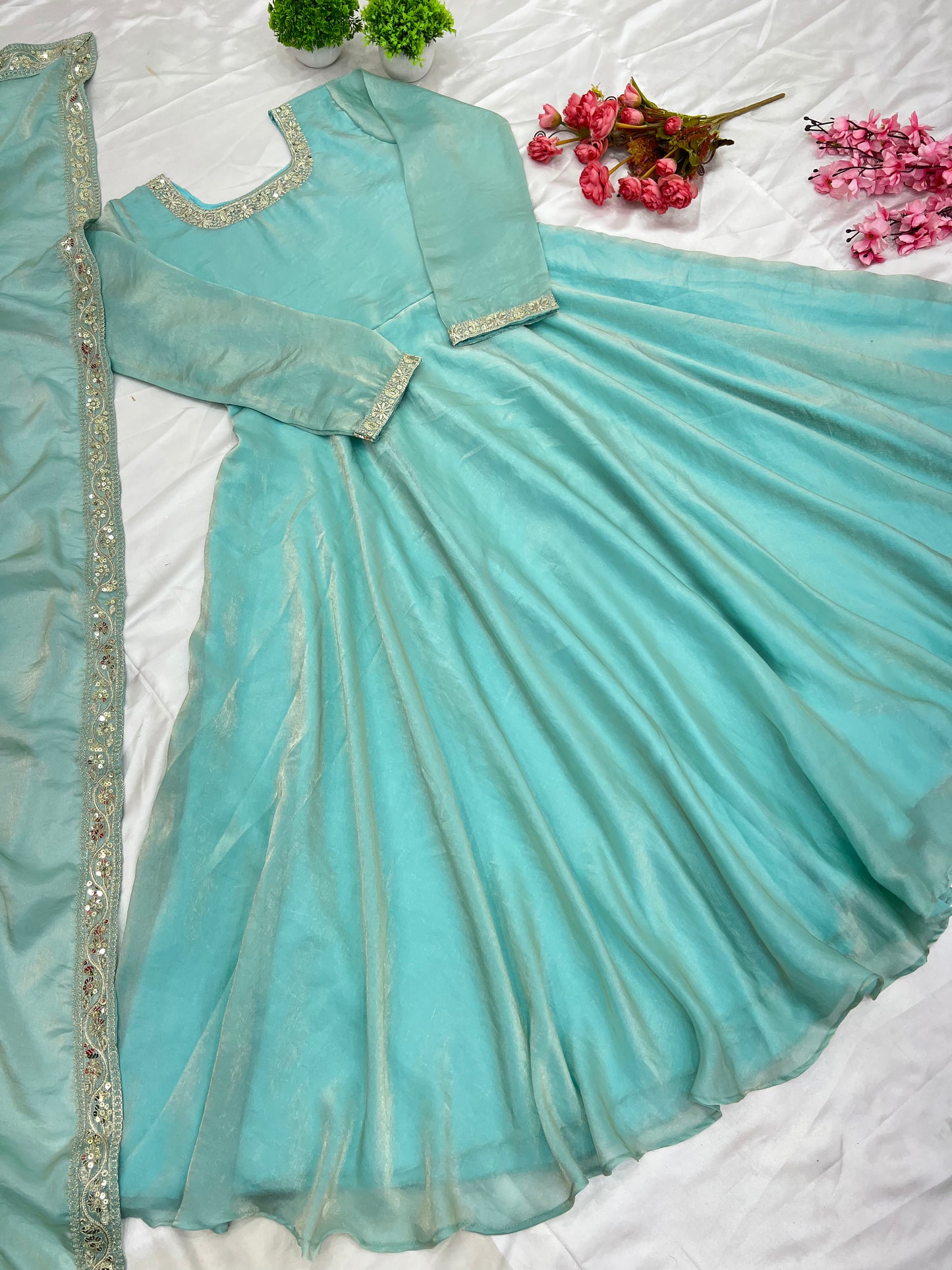 Gorgeous Fendi Silk Sequins Embroidered Fully Stitched Anarkali With Dupatta
