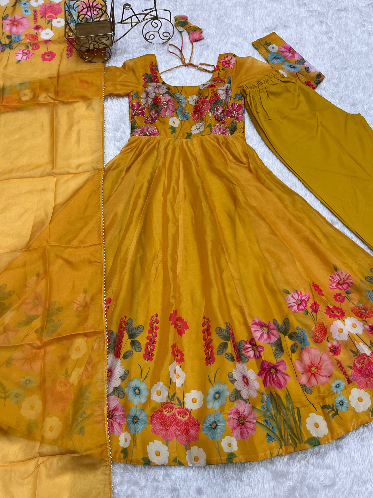 Breathtaking Organza Silk Floral Printed Designer Anarkali Pant Suit - INDIAN ELEGANCE