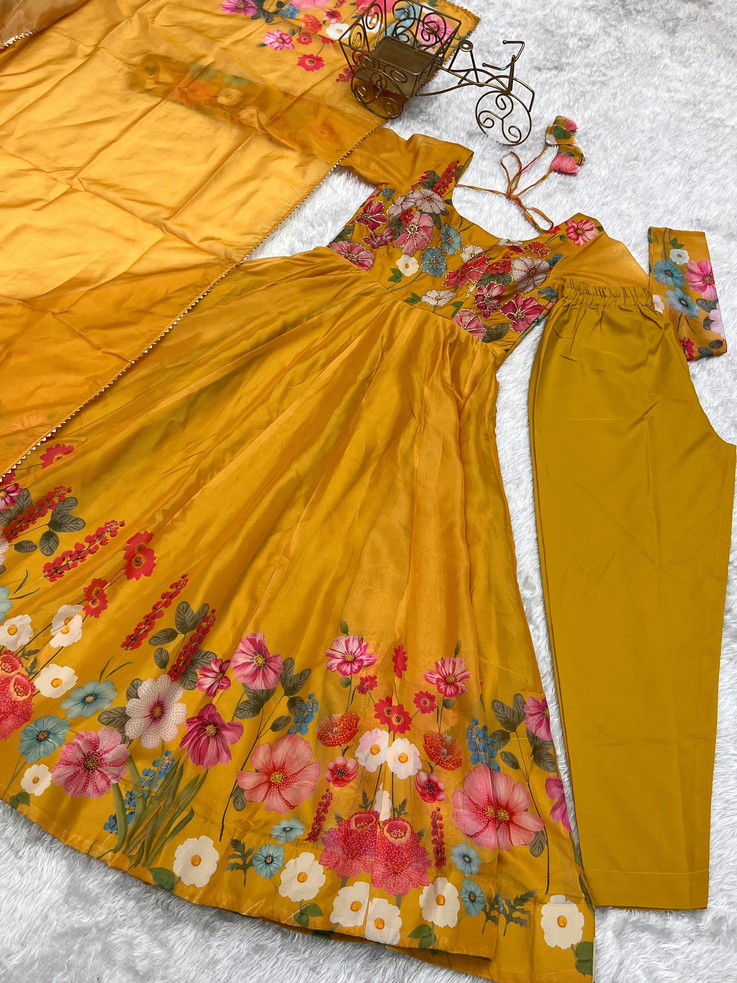 Breathtaking Organza Silk Floral Printed Designer Anarkali Pant Suit - INDIAN ELEGANCE