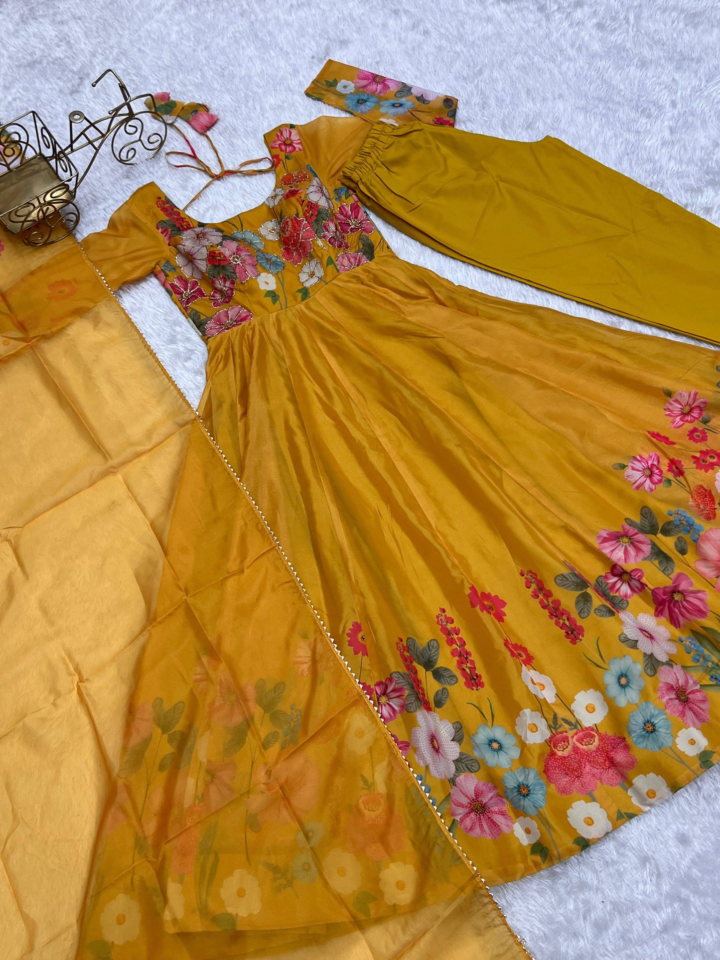 Breathtaking Organza Silk Floral Printed Designer Anarkali Pant Suit - INDIAN ELEGANCE