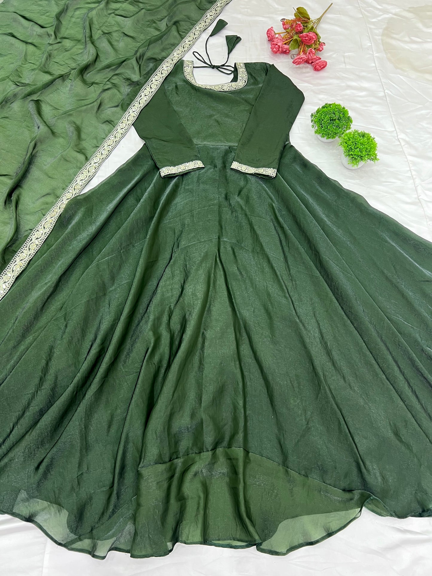 Gorgeous Fendi Silk Sequins Embroidered Fully Stitched Anarkali With Dupatta
