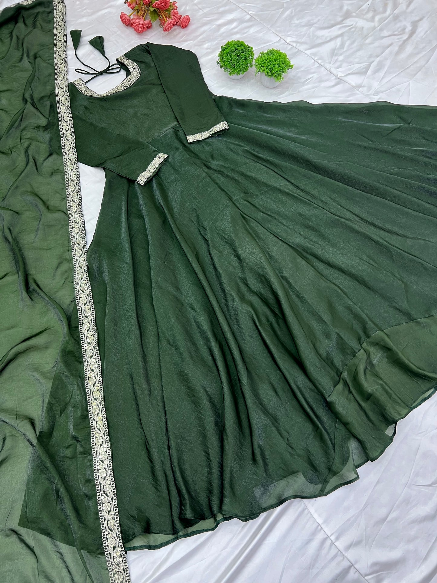 Gorgeous Fendi Silk Sequins Embroidered Fully Stitched Anarkali With Dupatta