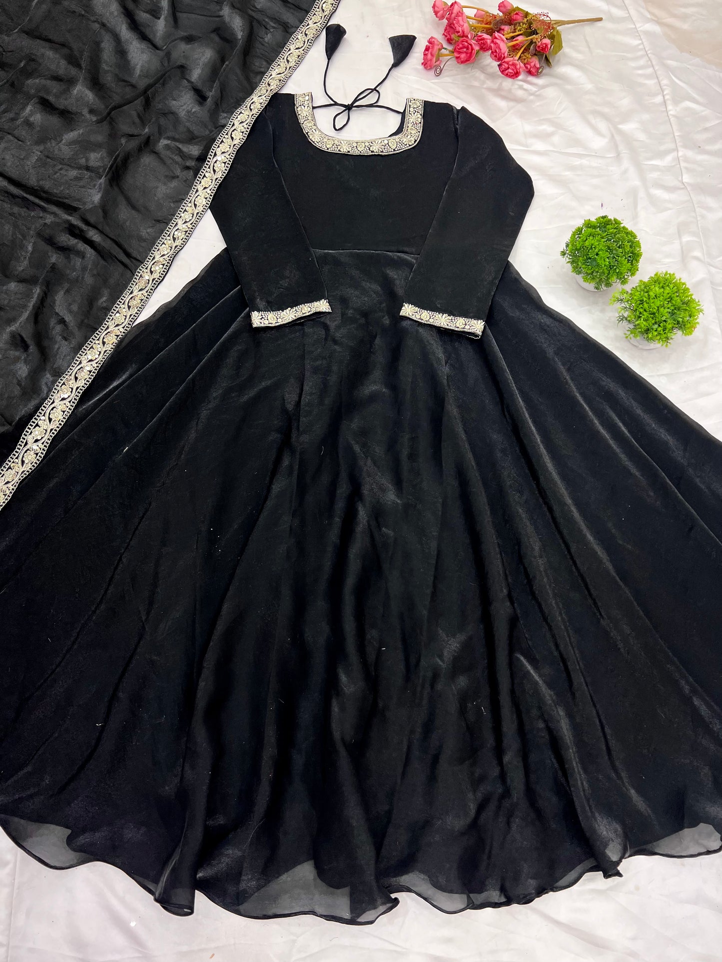 Gorgeous Fendi Silk Sequins Embroidered Fully Stitched Anarkali With Dupatta