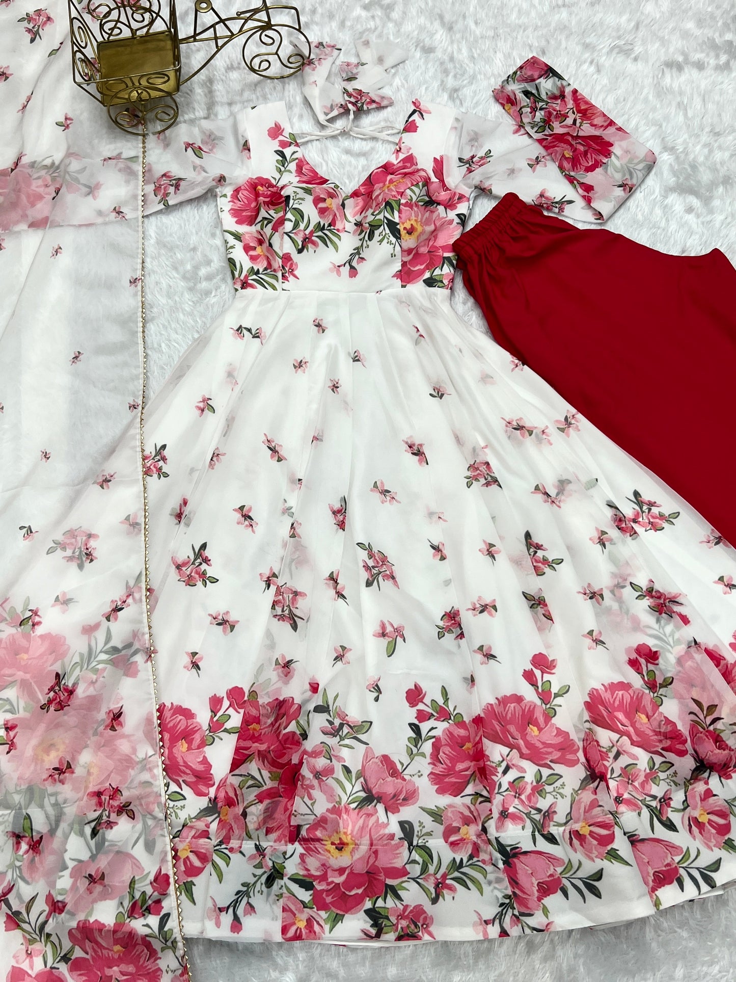 Polished White Organza Silk Floral Printed Anarkali Pant Suit - INDIAN ELEGANCE
