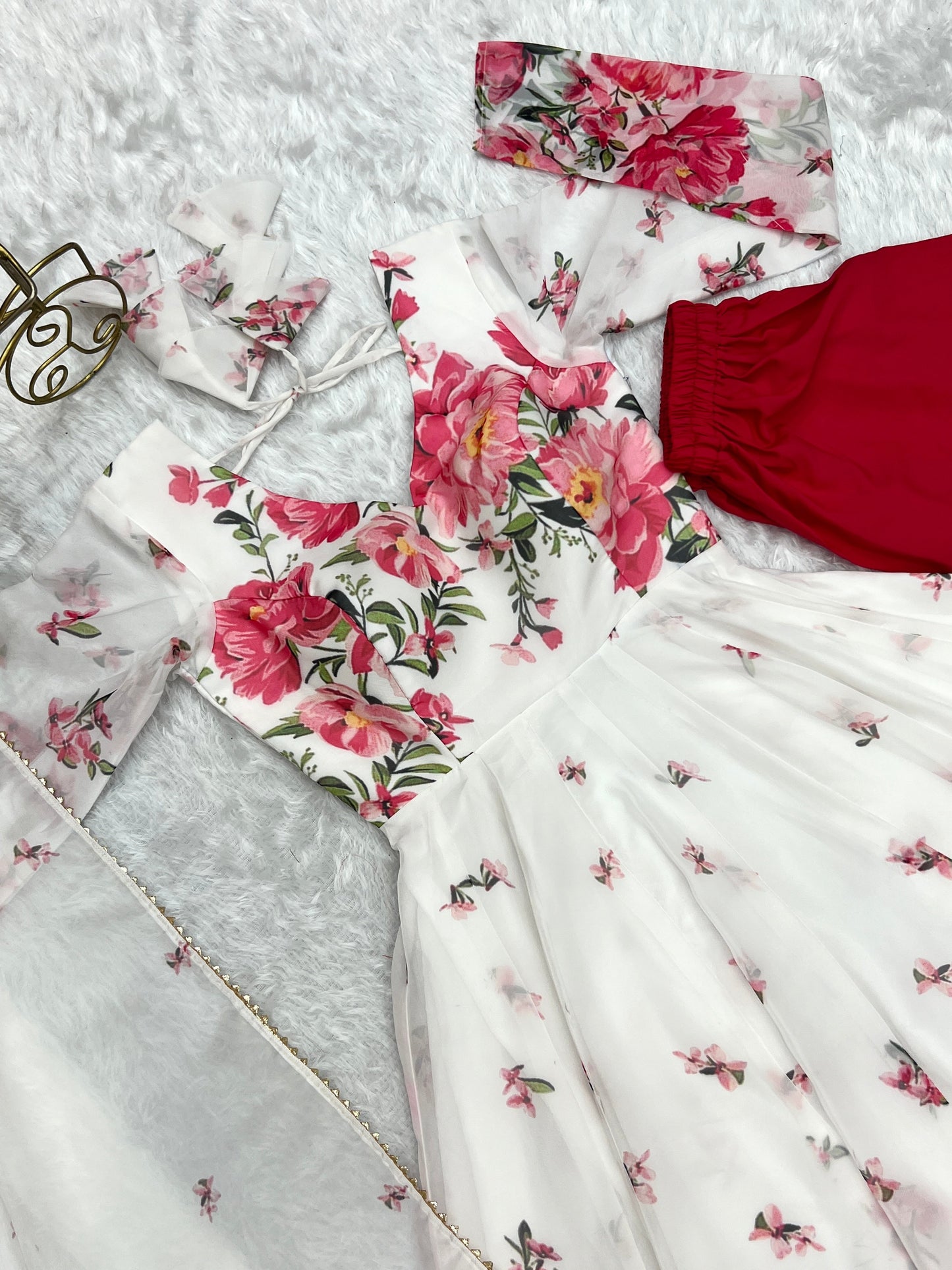 Polished White Organza Silk Floral Printed Anarkali Pant Suit - INDIAN ELEGANCE