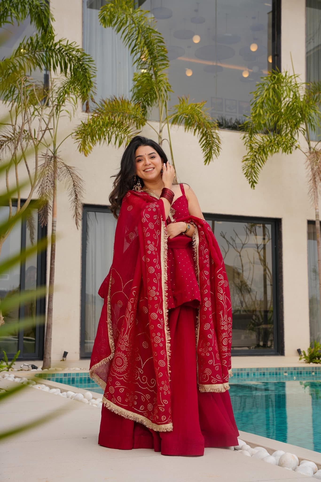 Red Radiance Designer Kurta Set - Extra Sleeve Attached