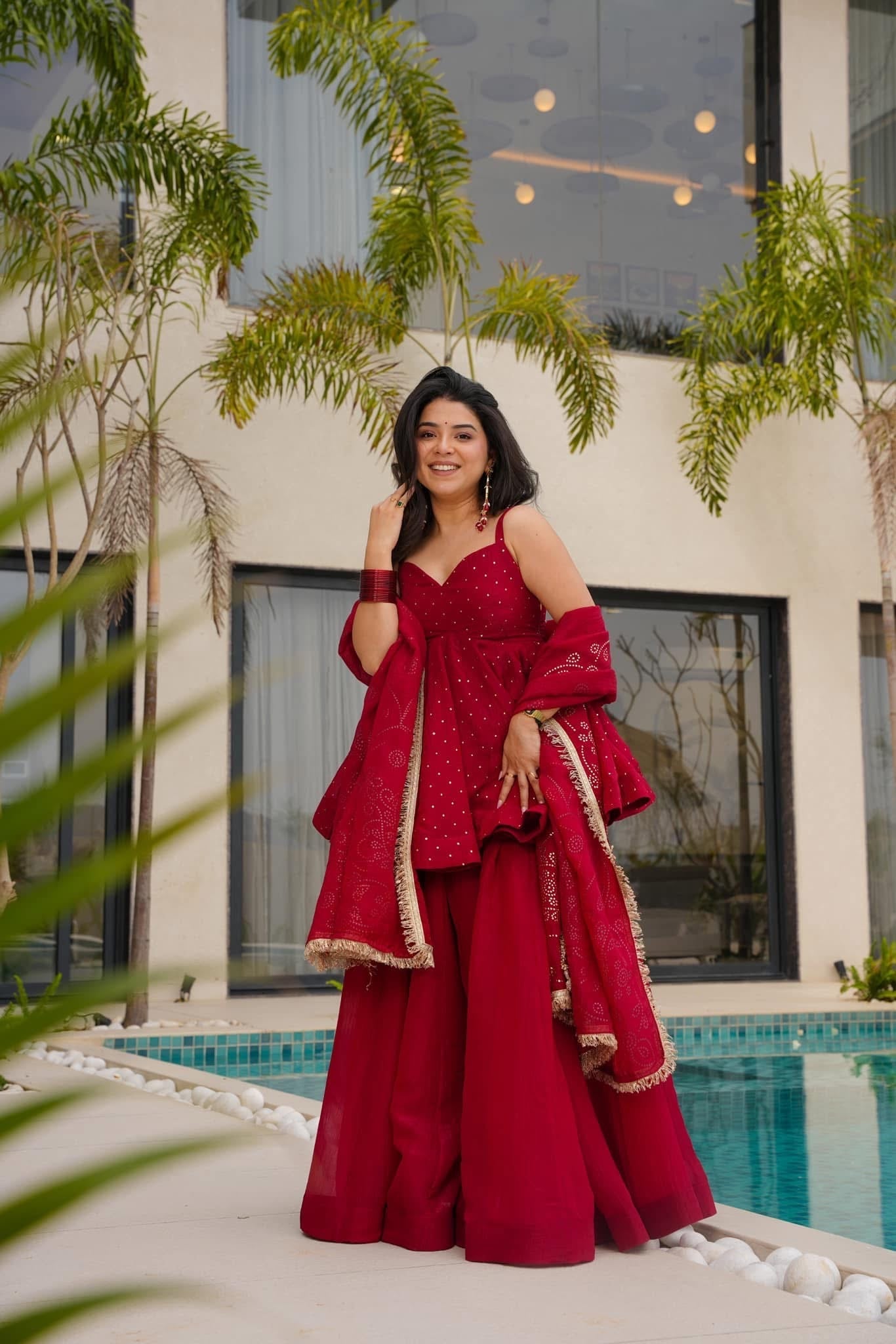 Red Radiance Designer Kurta Set - Extra Sleeve Attached
