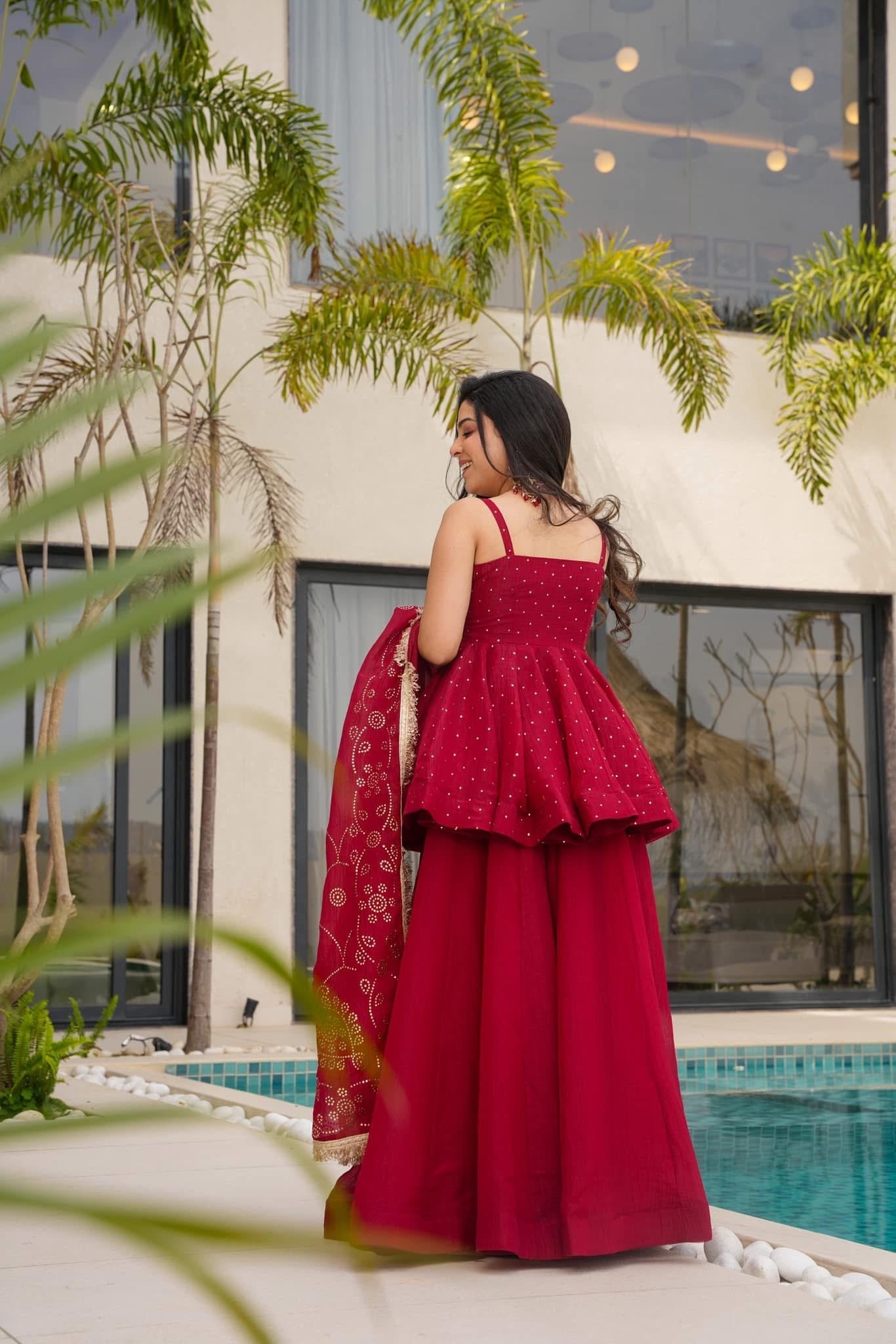 Red Radiance Designer Kurta Set - Extra Sleeve Attached