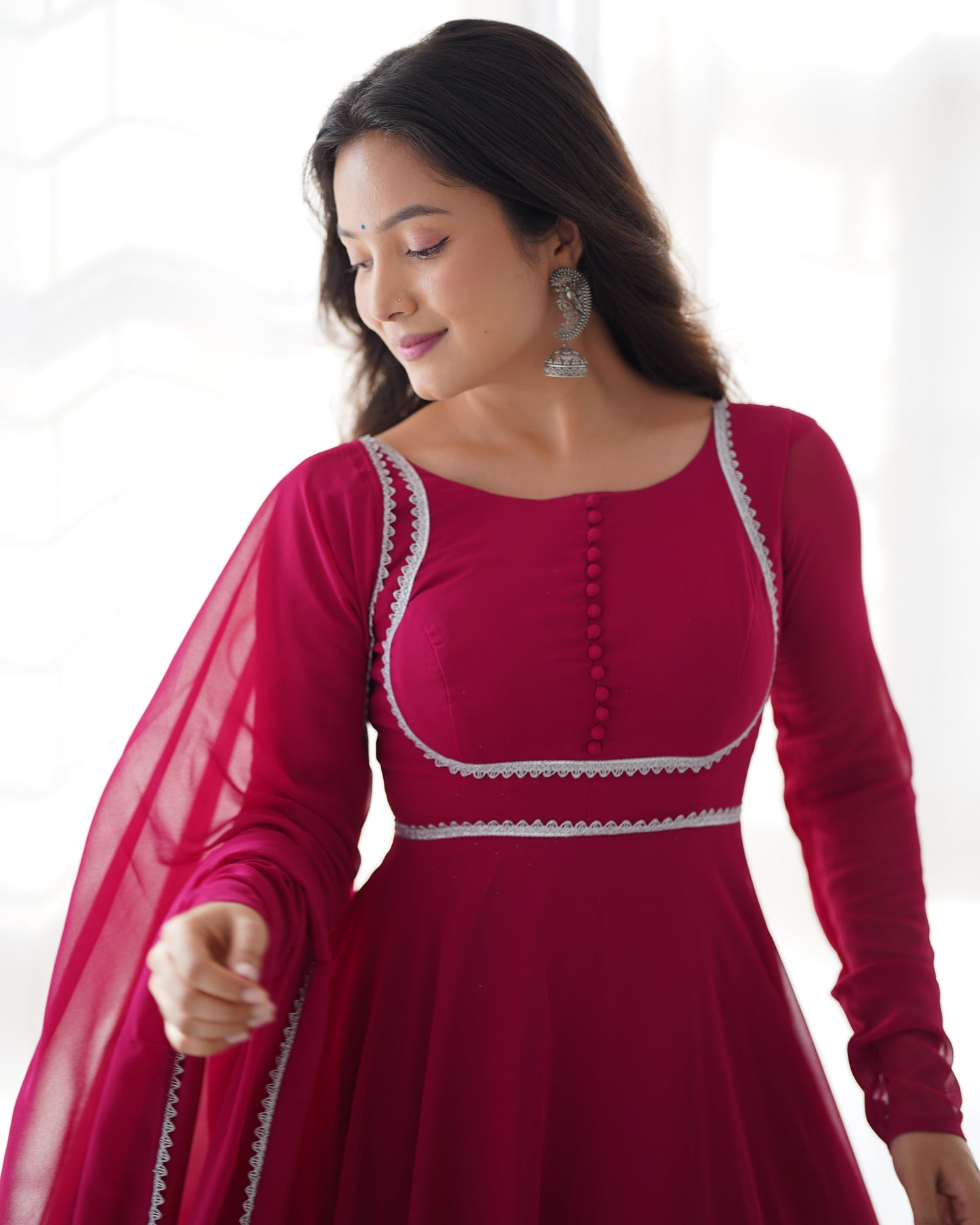 Fetching Faux Georgette Fancy Neck Anarkali Pant Suit - INDIAN ELEGANCE
