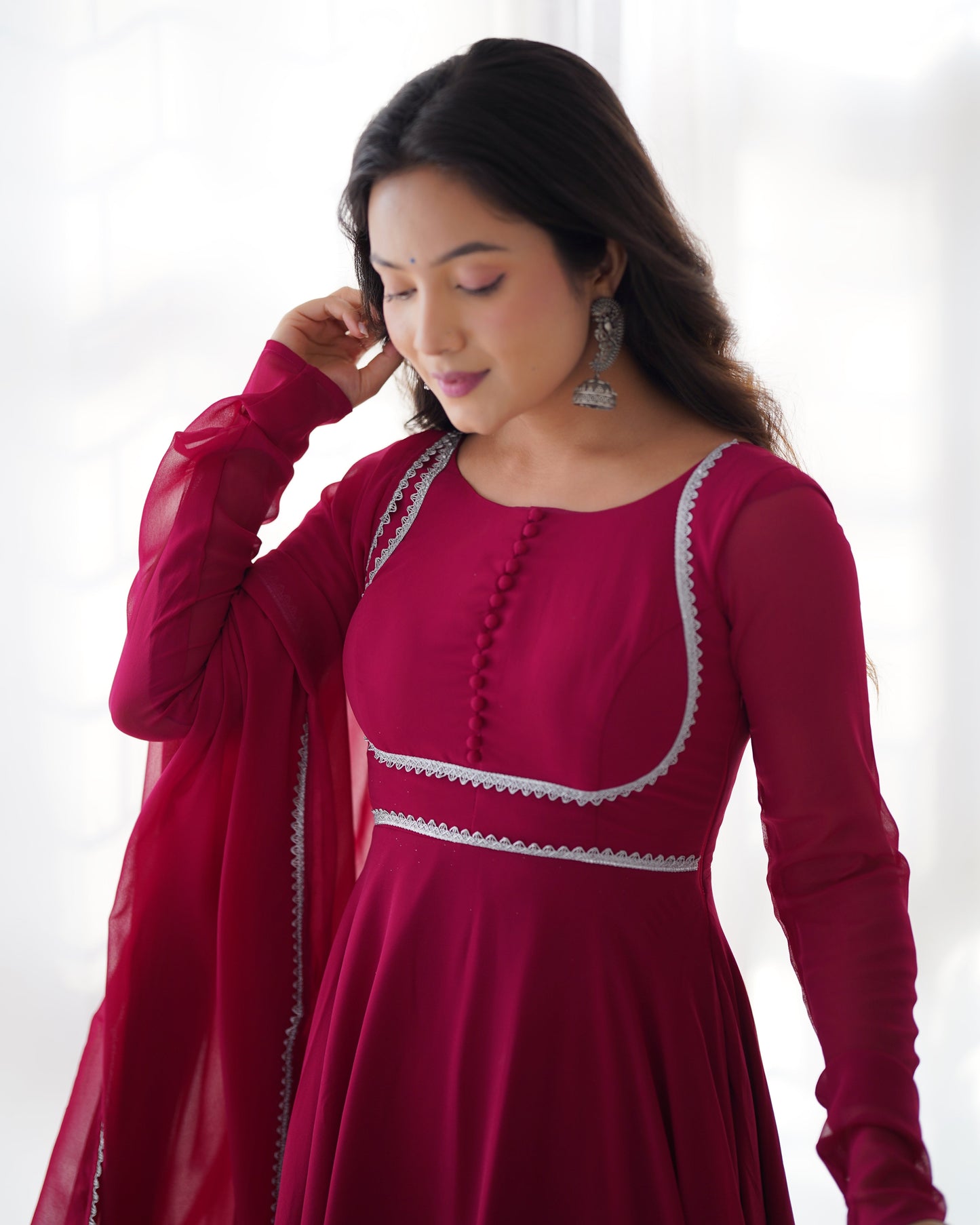 Fetching Faux Georgette Fancy Neck Anarkali Pant Suit - INDIAN ELEGANCE