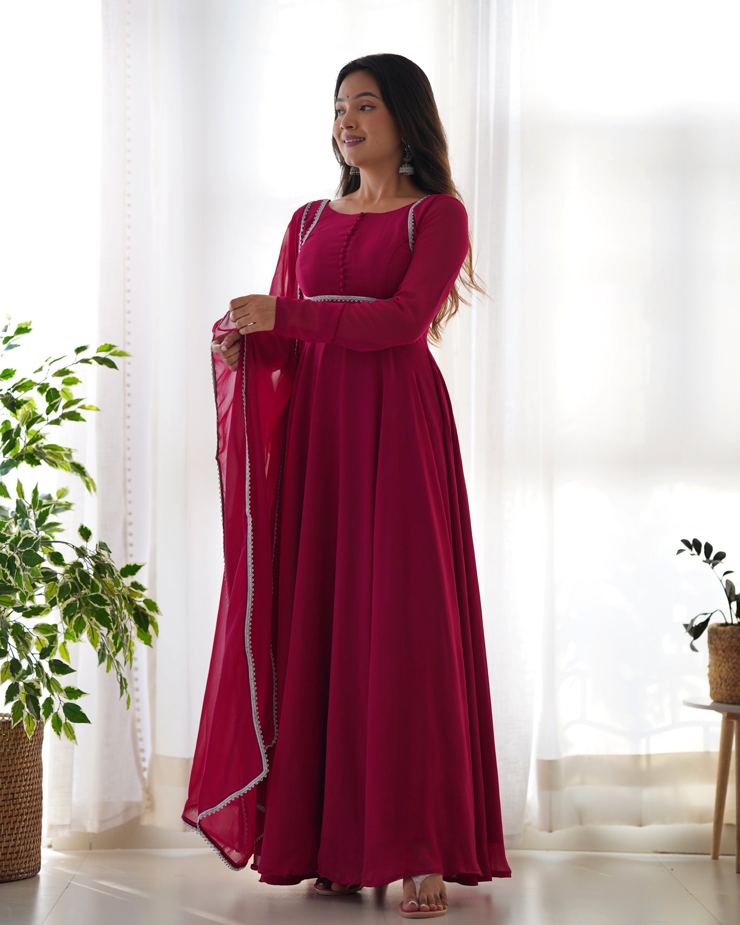 Fetching Faux Georgette Fancy Neck Anarkali Pant Suit - INDIAN ELEGANCE