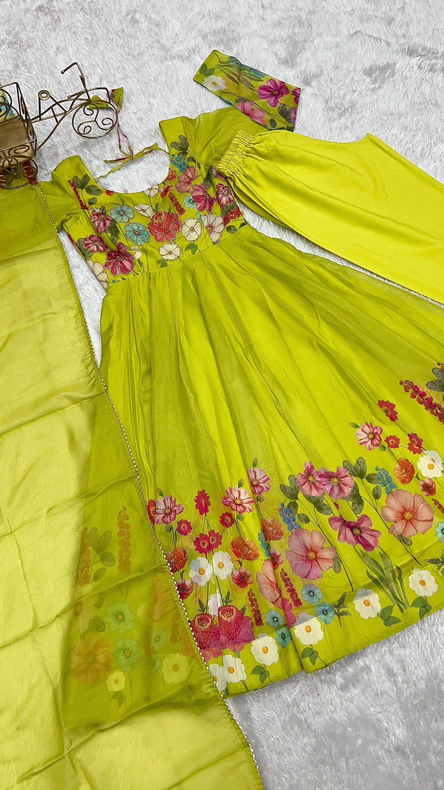 Breathtaking Organza Silk Floral Printed Designer Anarkali Pant Suit - INDIAN ELEGANCE
