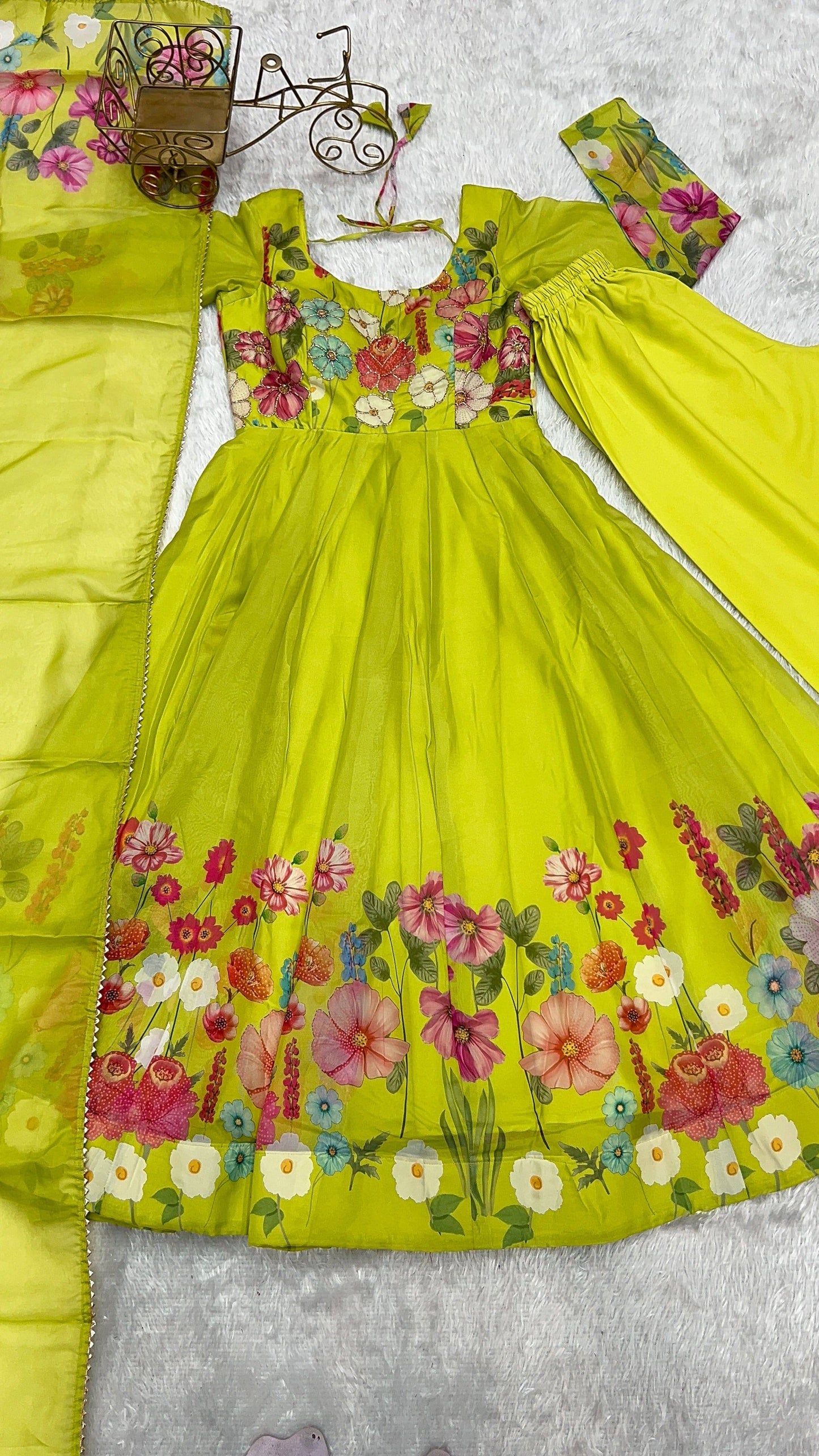 Breathtaking Organza Silk Floral Printed Designer Anarkali Pant Suit - INDIAN ELEGANCE