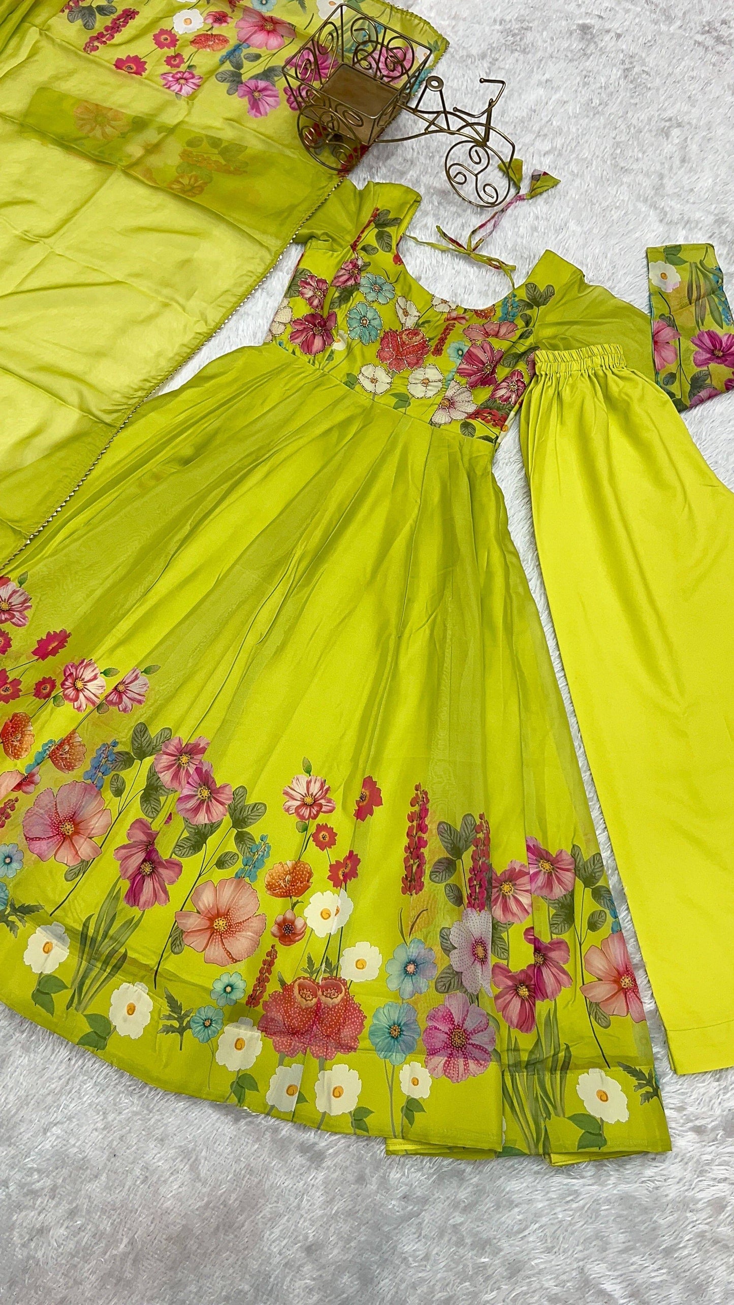 Breathtaking Organza Silk Floral Printed Designer Anarkali Pant Suit - INDIAN ELEGANCE
