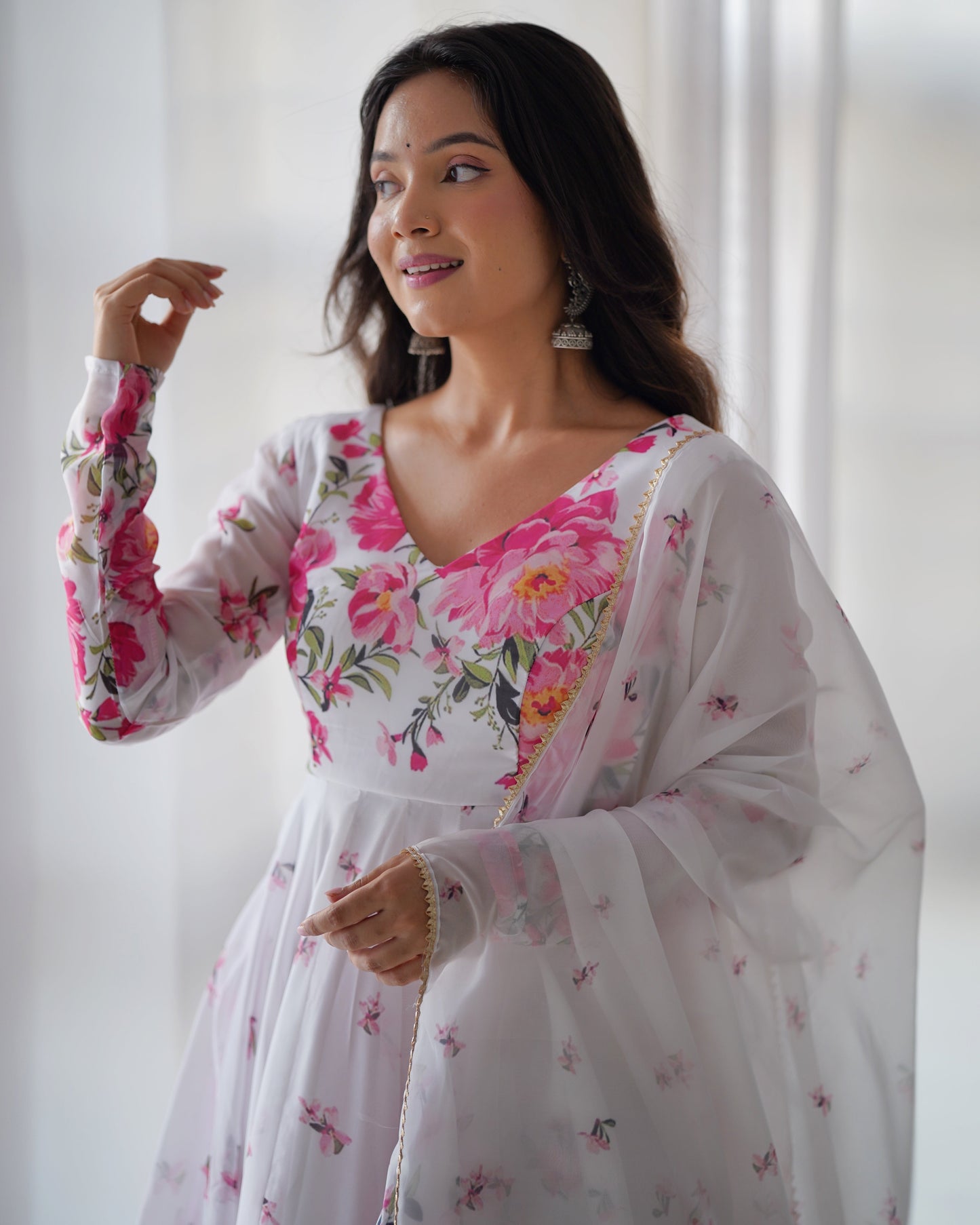 Polished White Organza Silk Floral Printed Anarkali Pant Suit - INDIAN ELEGANCE