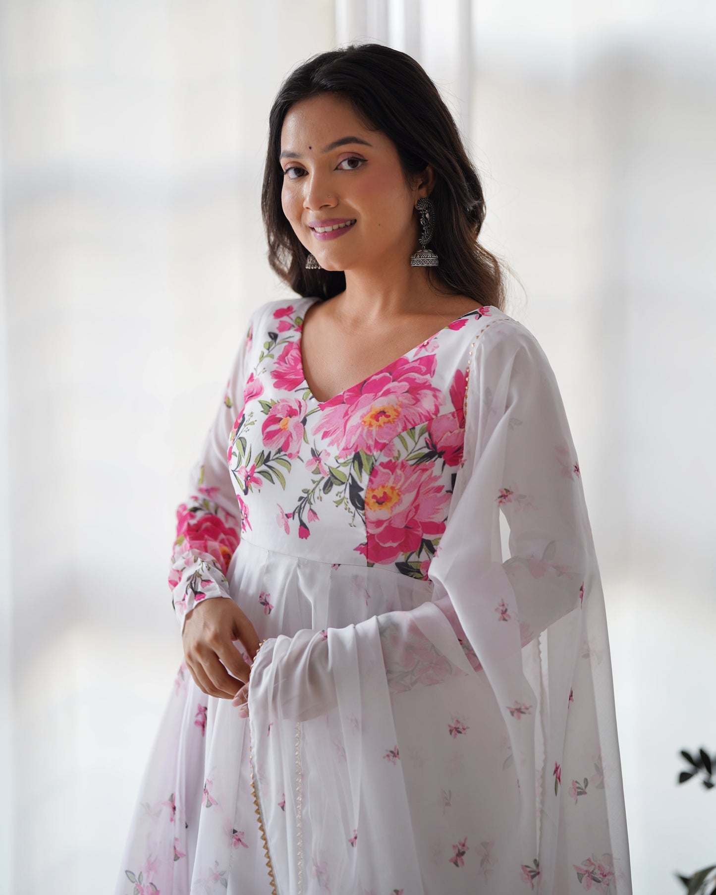 Polished White Organza Silk Floral Printed Anarkali Pant Suit - INDIAN ELEGANCE