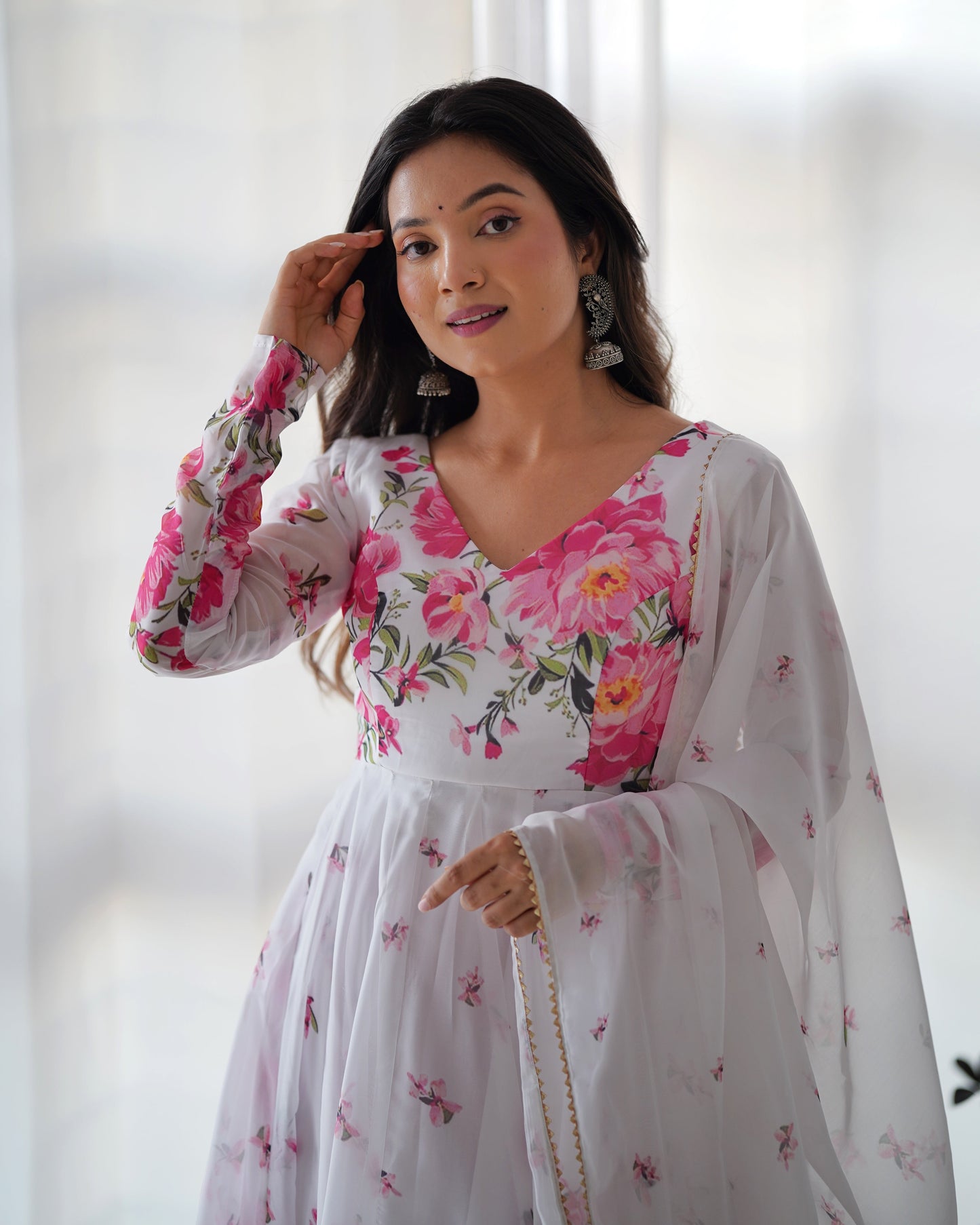 Polished White Organza Silk Floral Printed Anarkali Pant Suit - INDIAN ELEGANCE