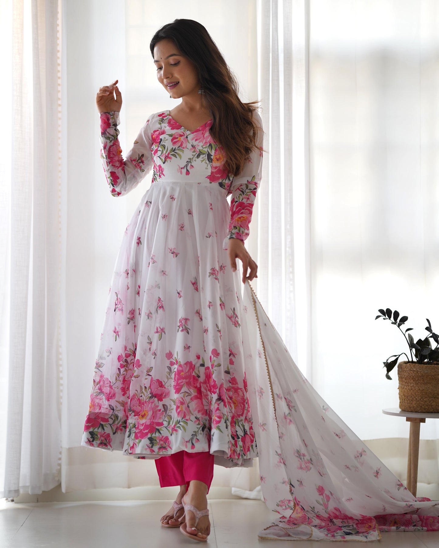 Polished White Organza Silk Floral Printed Anarkali Pant Suit - INDIAN ELEGANCE