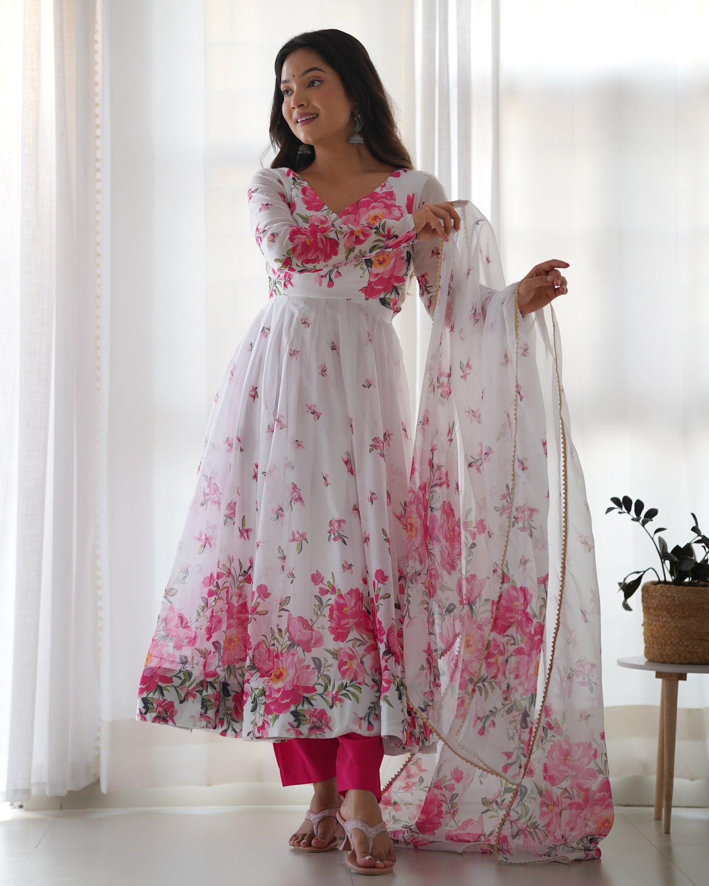 Polished White Organza Silk Floral Printed Anarkali Pant Suit - INDIAN ELEGANCE